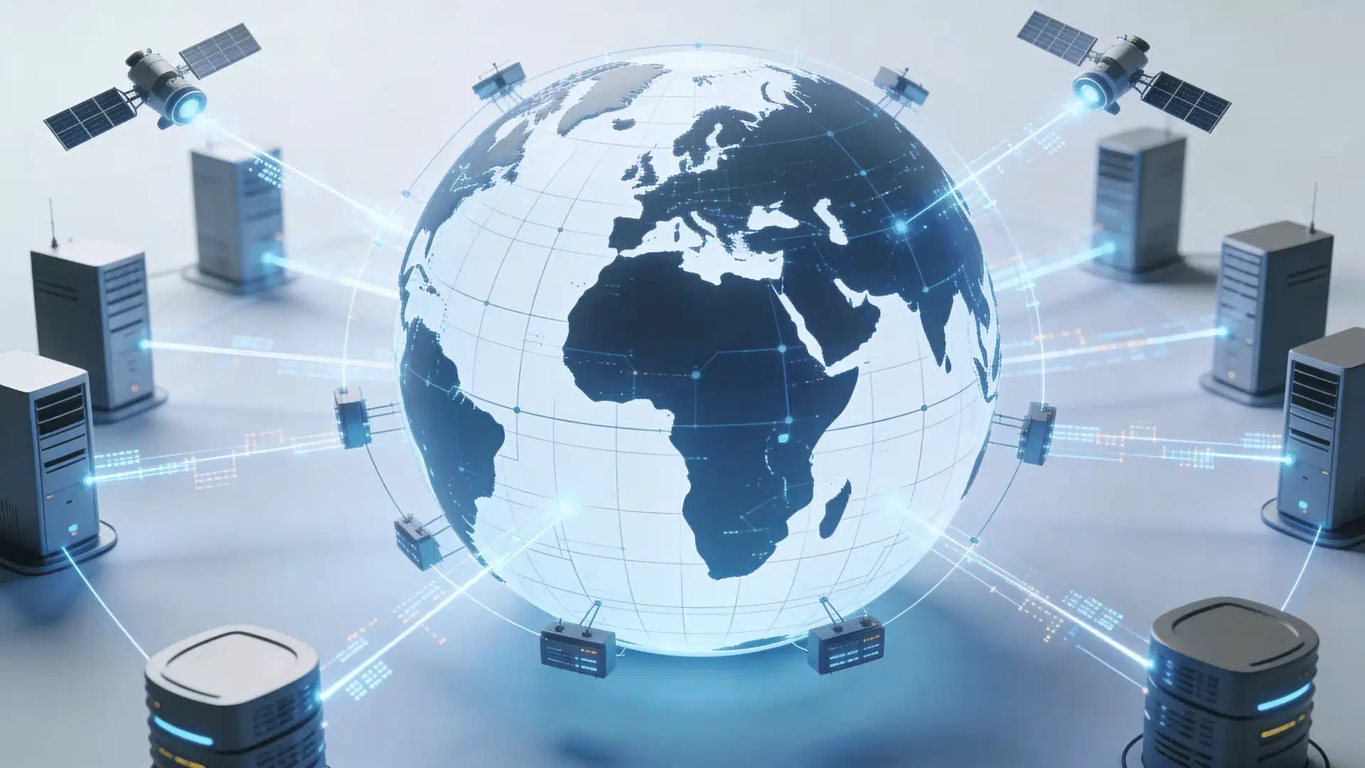3D render of global network with satellites and connected data servers around a globe.