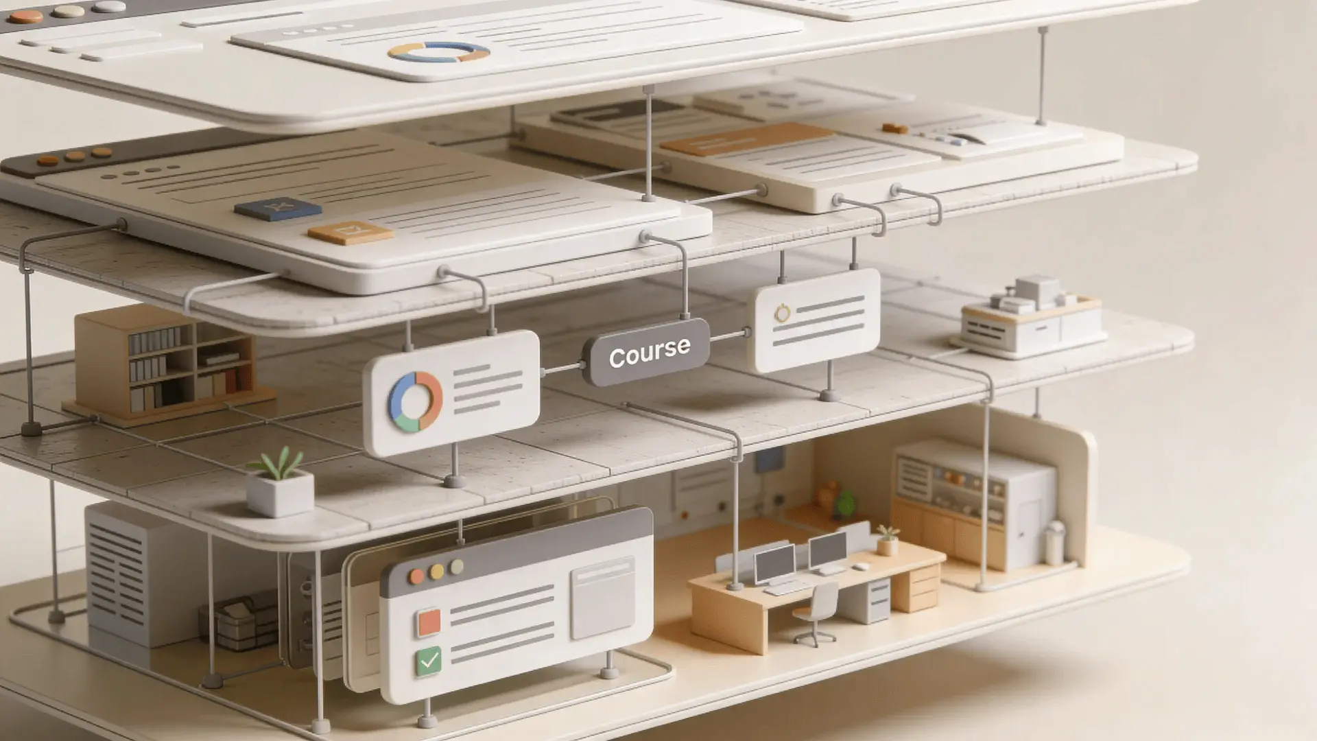 3D render showing layered course structure with modules, lessons, and interaction components