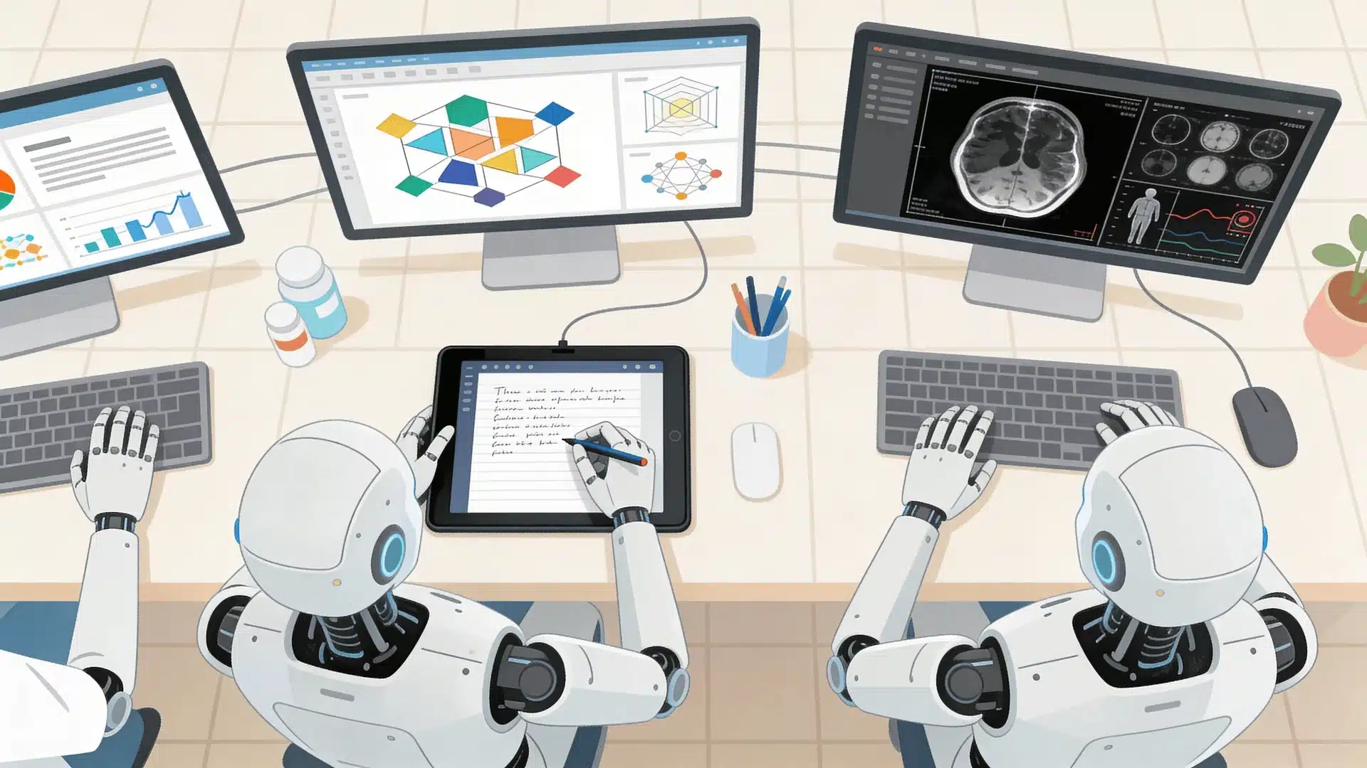 AI models processing various tasks like pattern recognition, creative writing, and medical analysis in a neutral setting.
