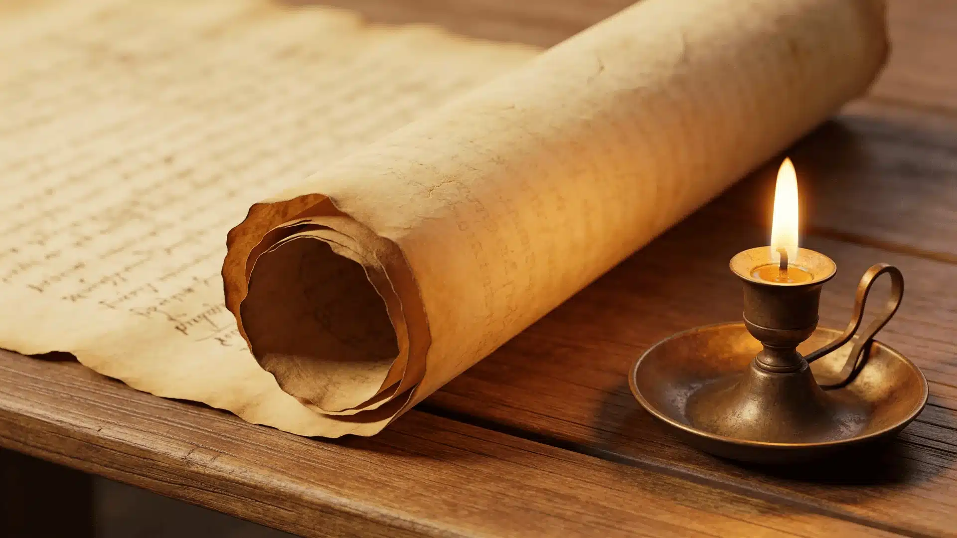Ancient parchment scroll and small oil lamp resting on a wooden table.