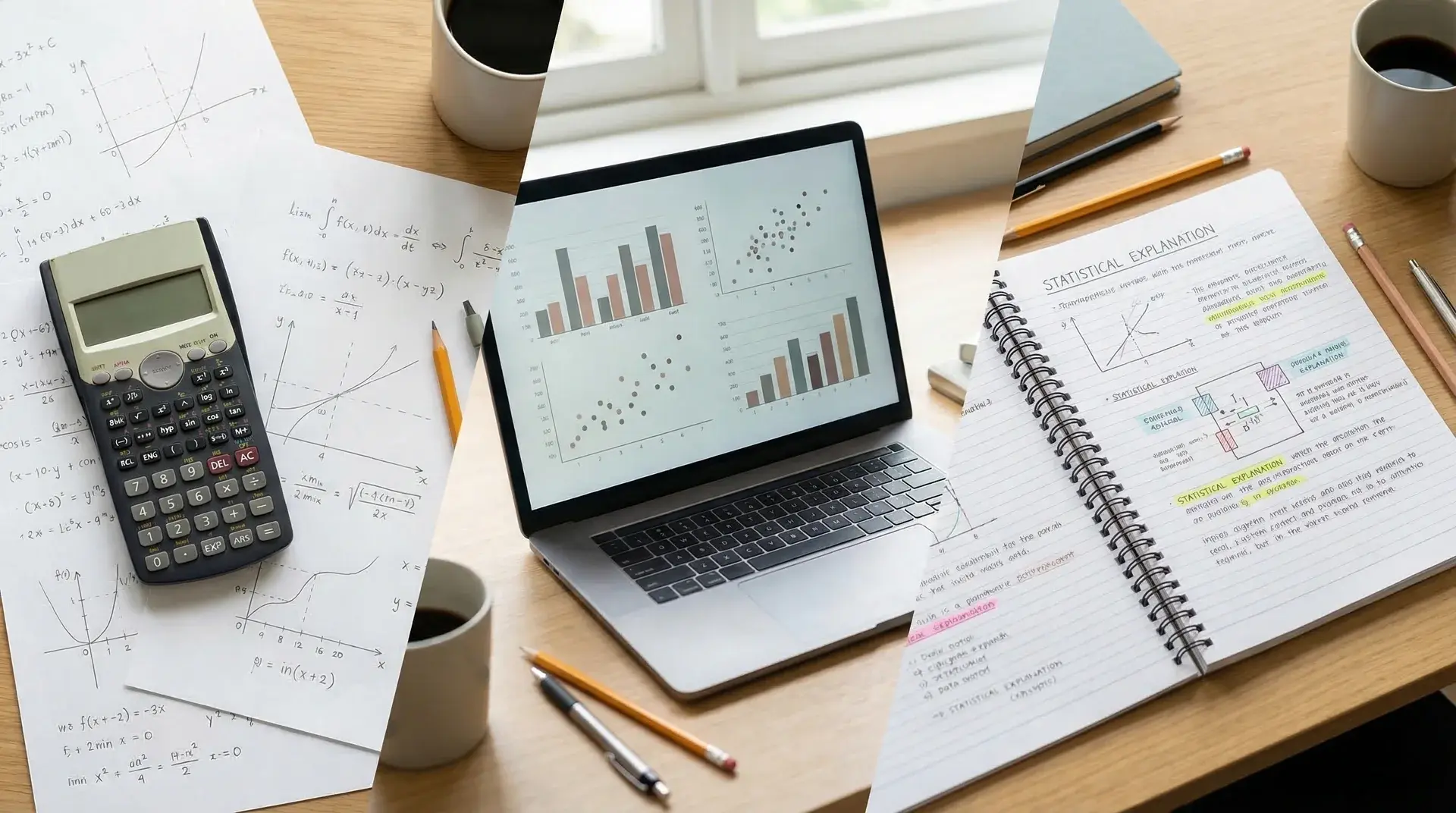 Calculator, laptop with charts, and notebook with notes arranged on desk