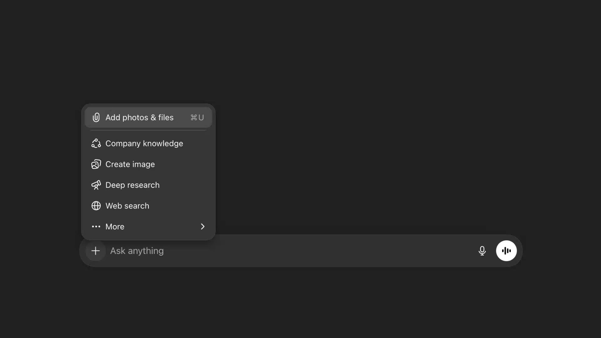 ChatGPT interface showing the “Add photos & files” option in the upload menu on desktop.