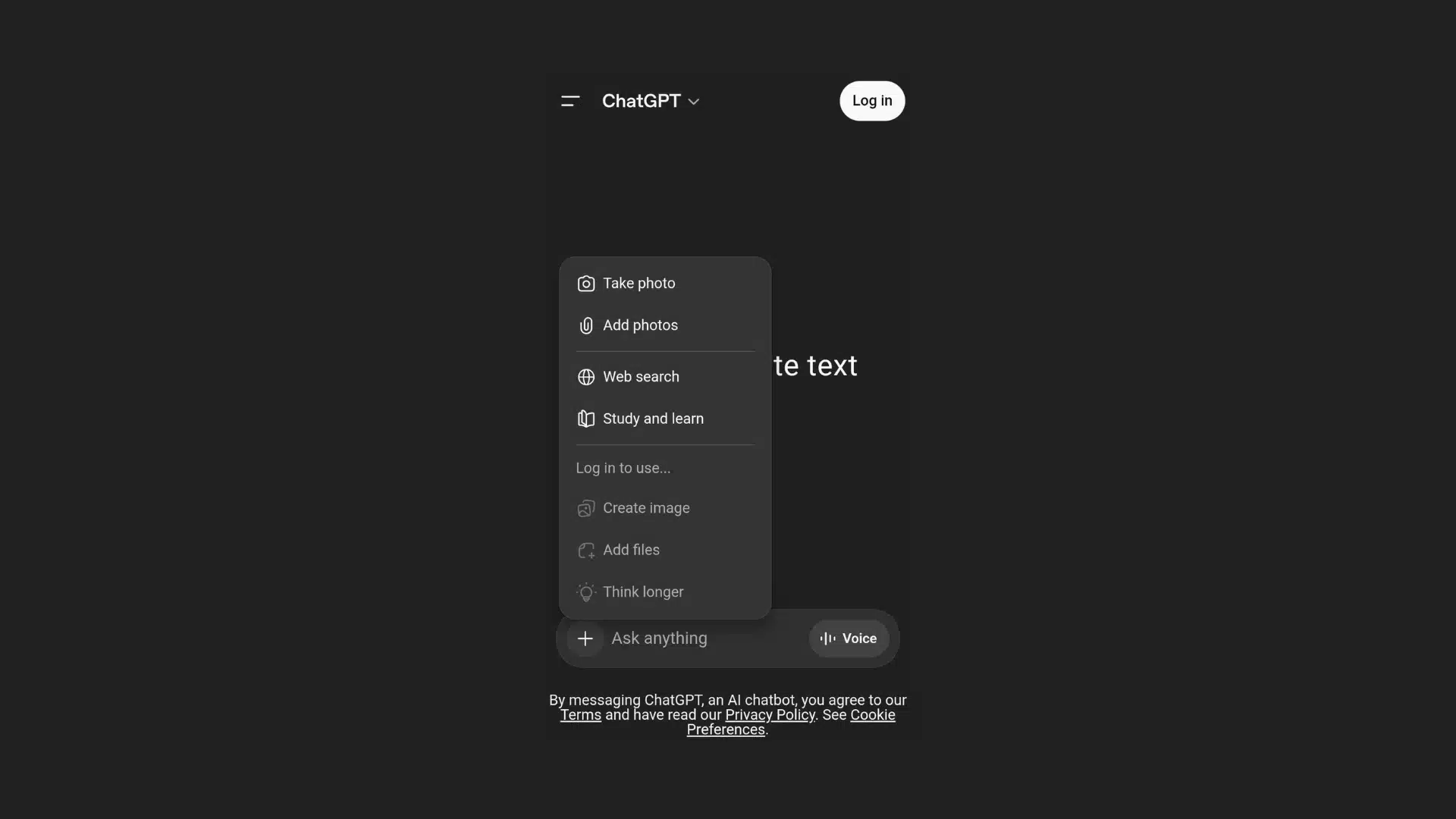 ChatGPT mobile interface showing the plus menu with options to take a photo and add photos.