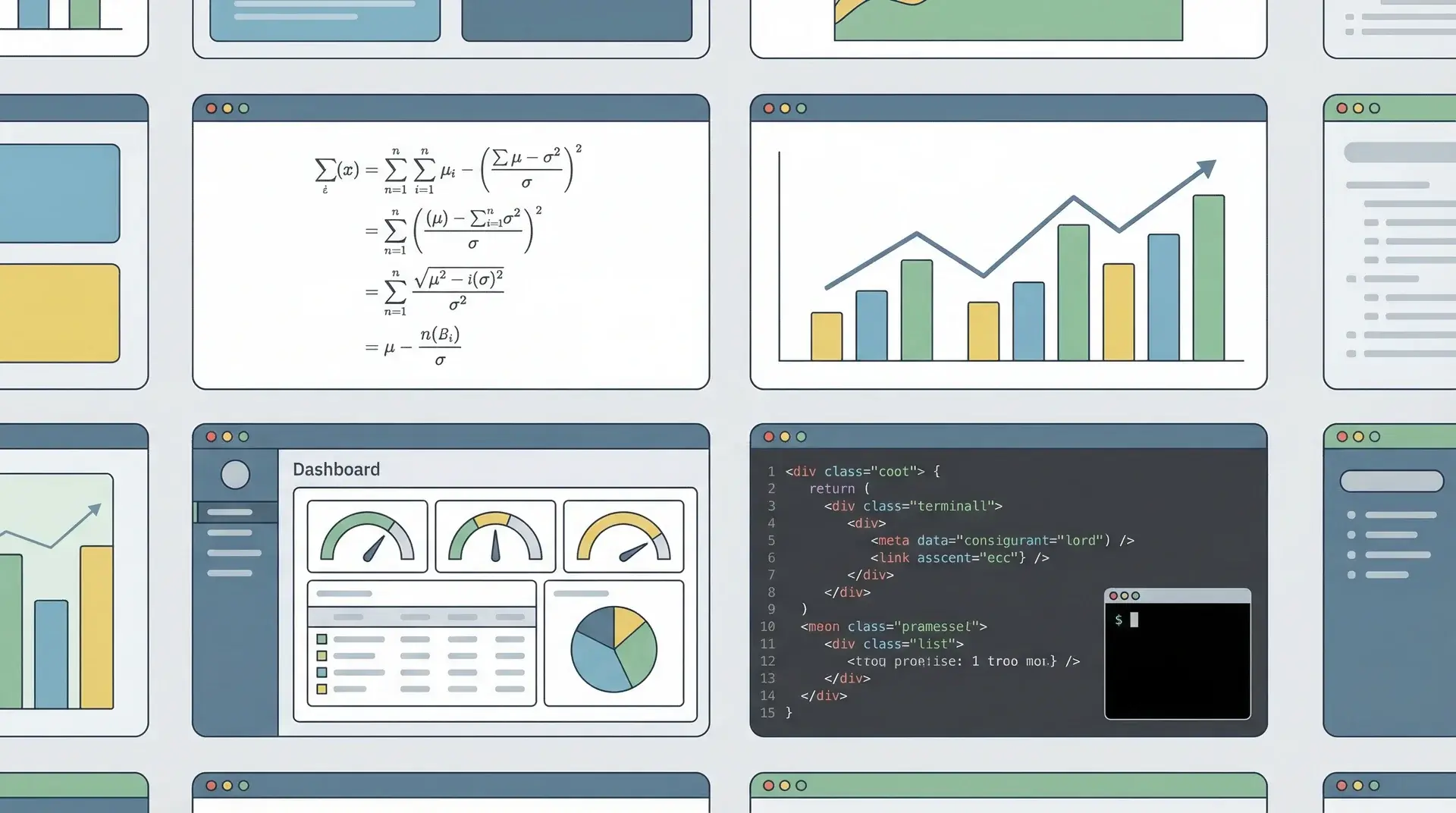 Collage of different app screens showing formulas, charts, and data analysis outputs
