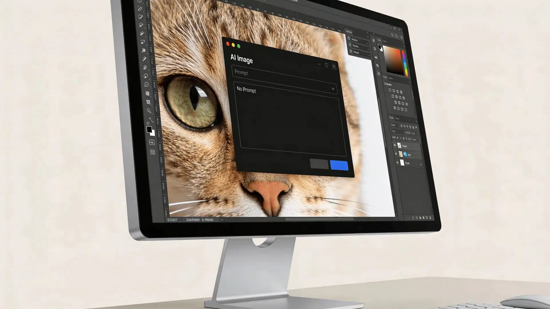Computer monitor displaying a realistic AI-generated image on a clean workspace