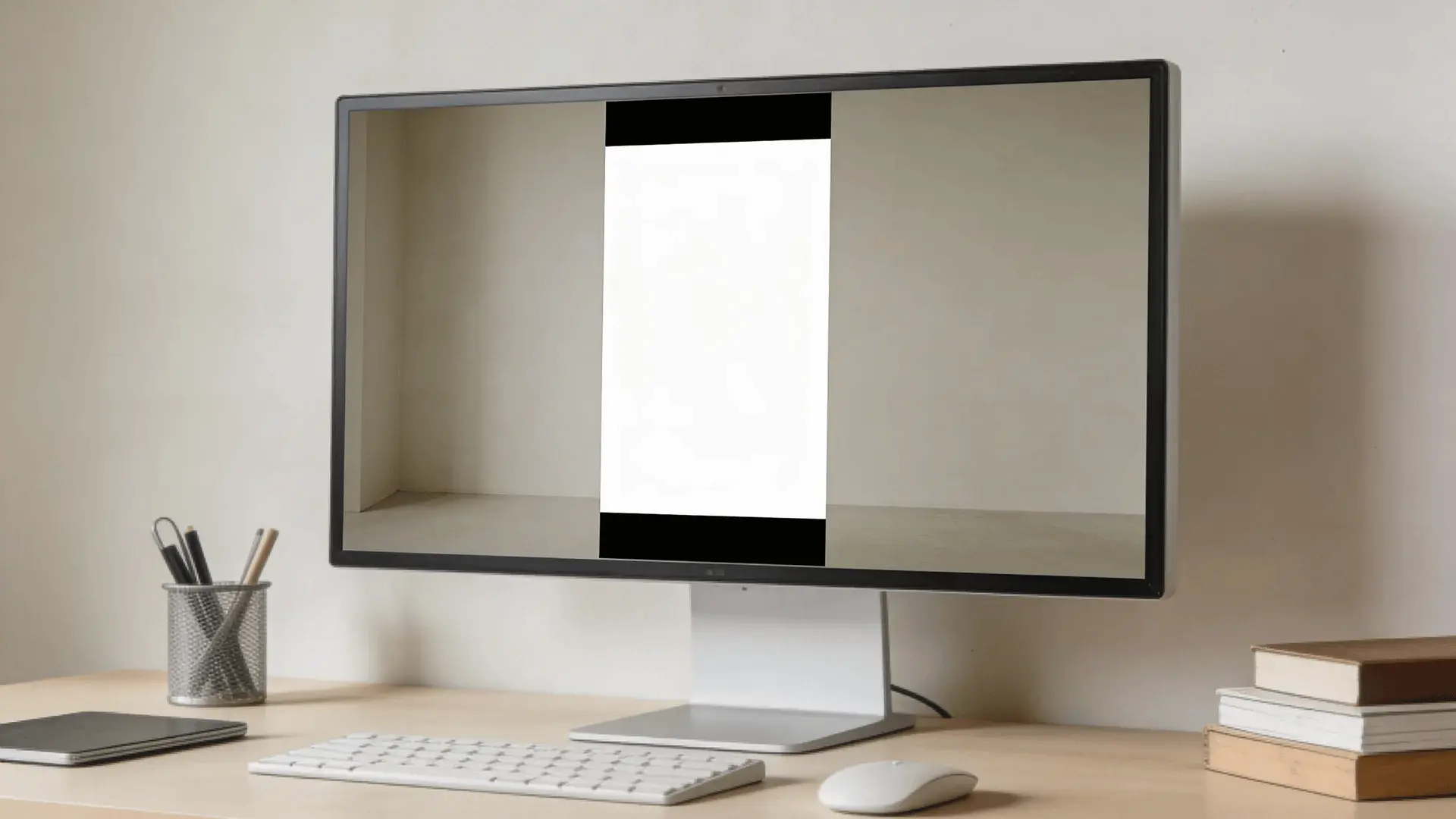 Computer monitor displaying a vertical video centered with empty space on both sides to maintain the original video shape