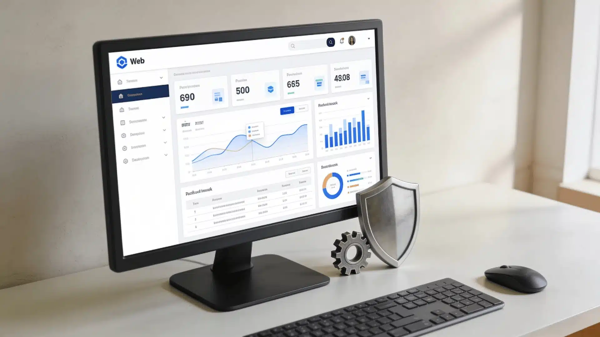 Computer monitor on desk with generic website dashboard layout and gear and shield objects nearby