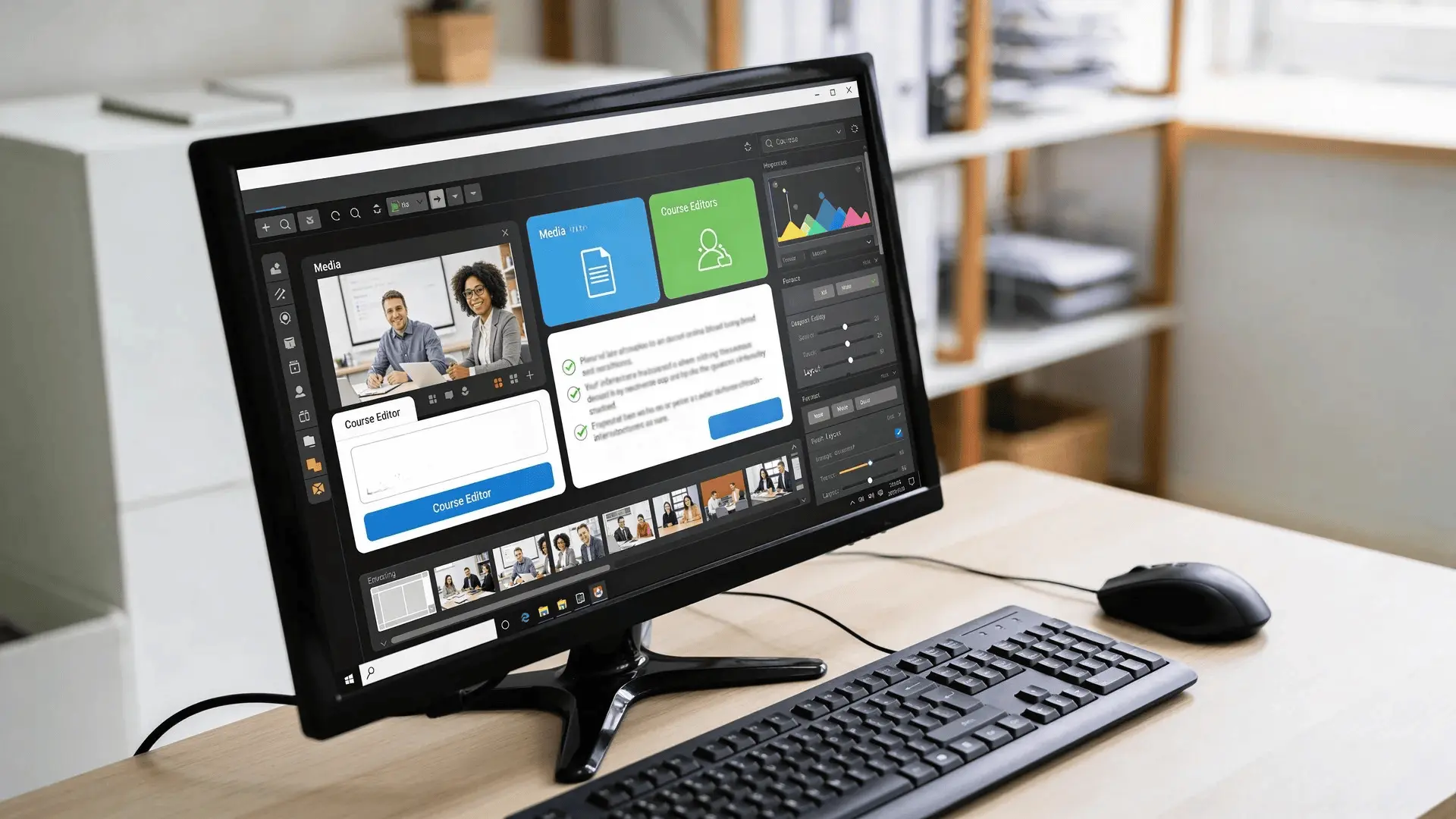 Computer screen showing course editor with media blocks, quiz elements, and design panels