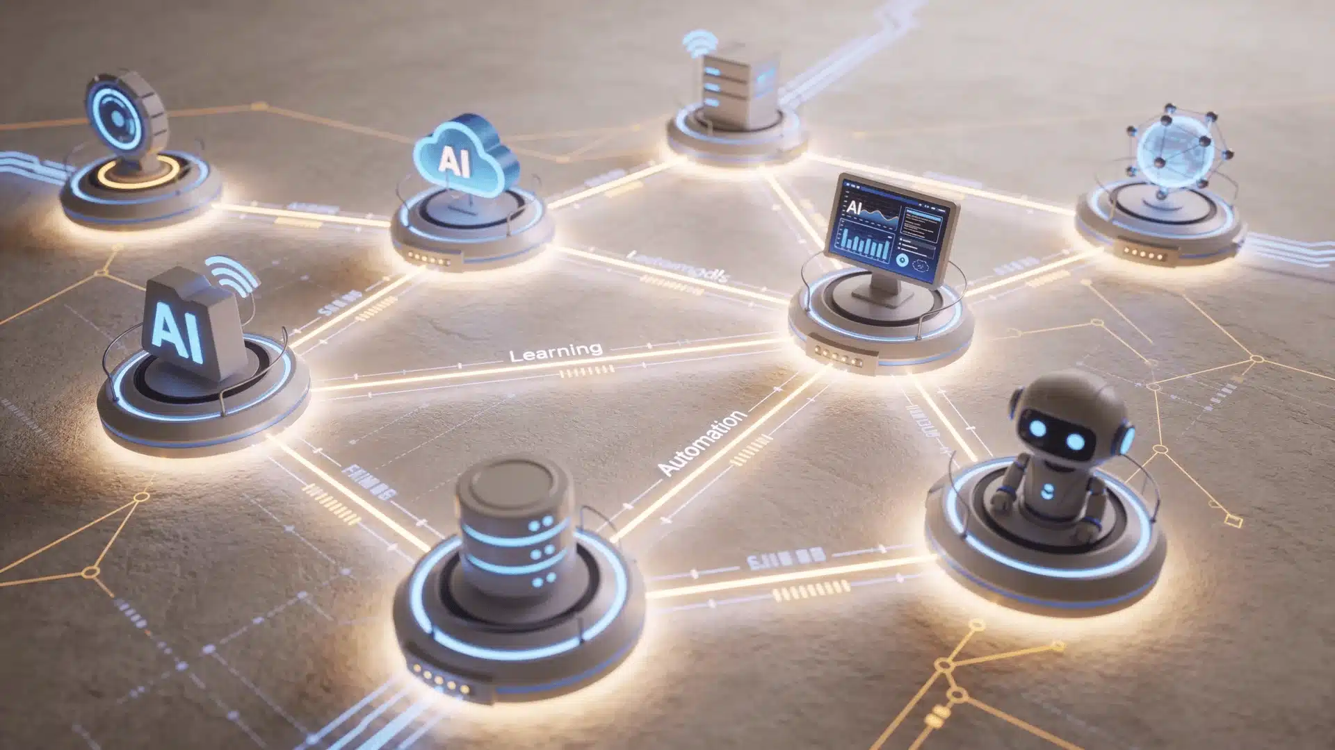 Connected AI systems and data nodes representing emerging artificial intelligence technologies