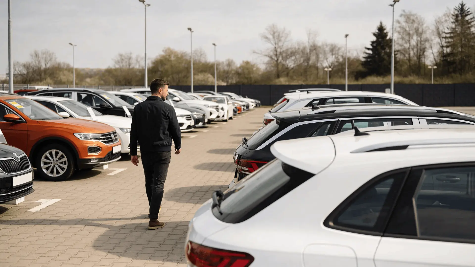 Customer walking through a car lot looking at several parked vehicles