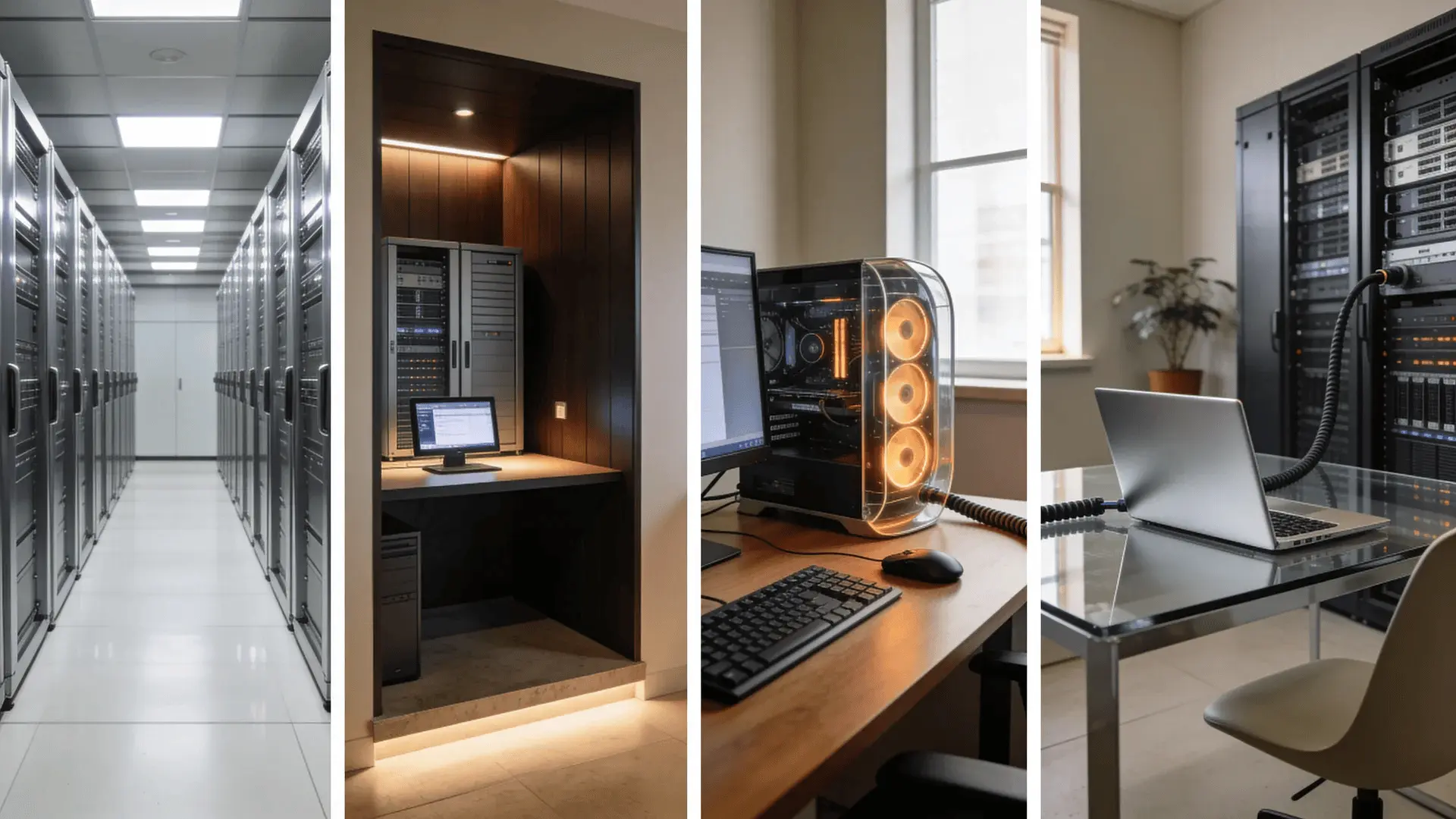 Data center, private server room, local desktop PC, and laptop linked to rack representing AI hosting types