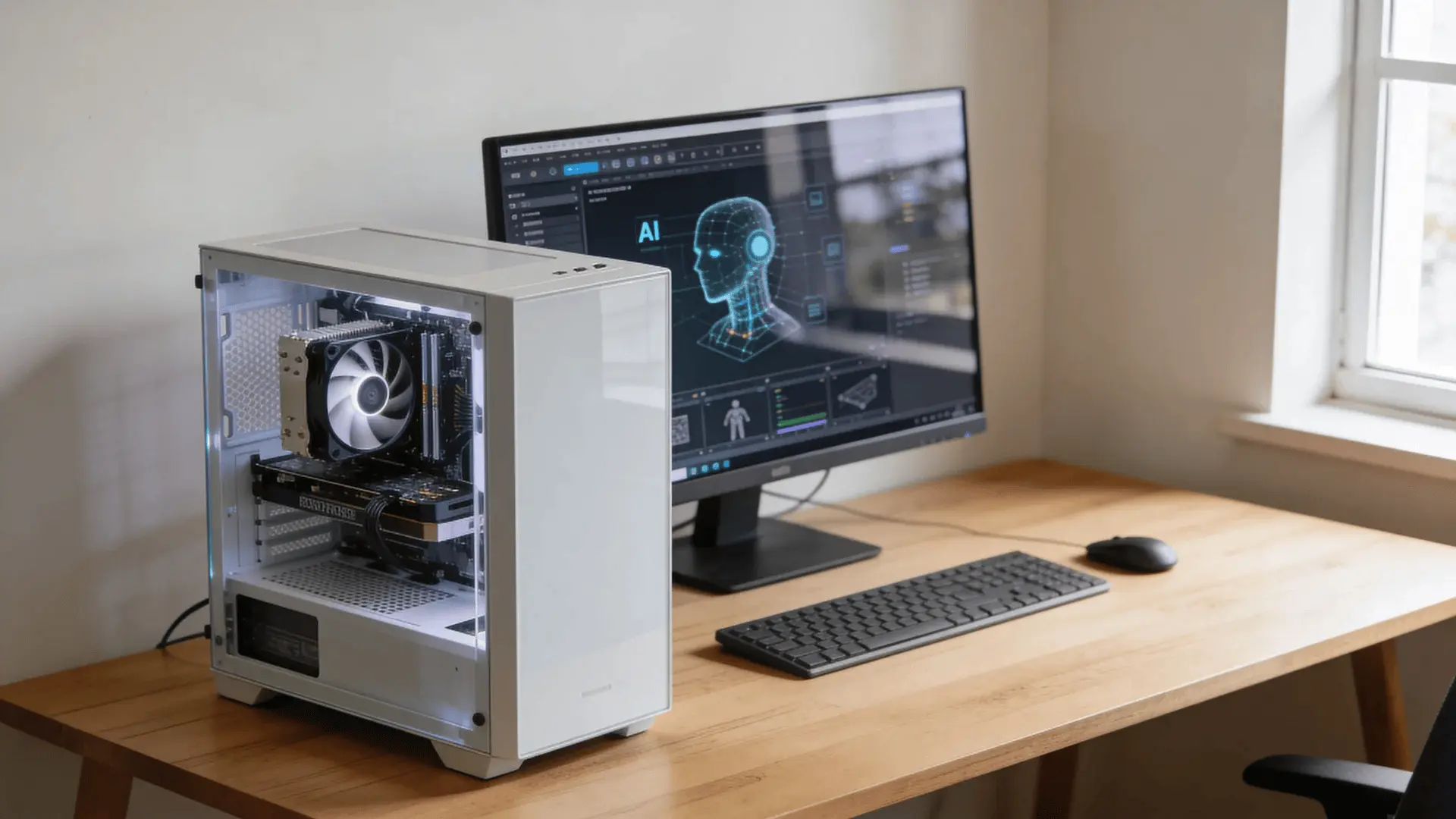 Desktop computer with visible GPU running a local AI model on screen