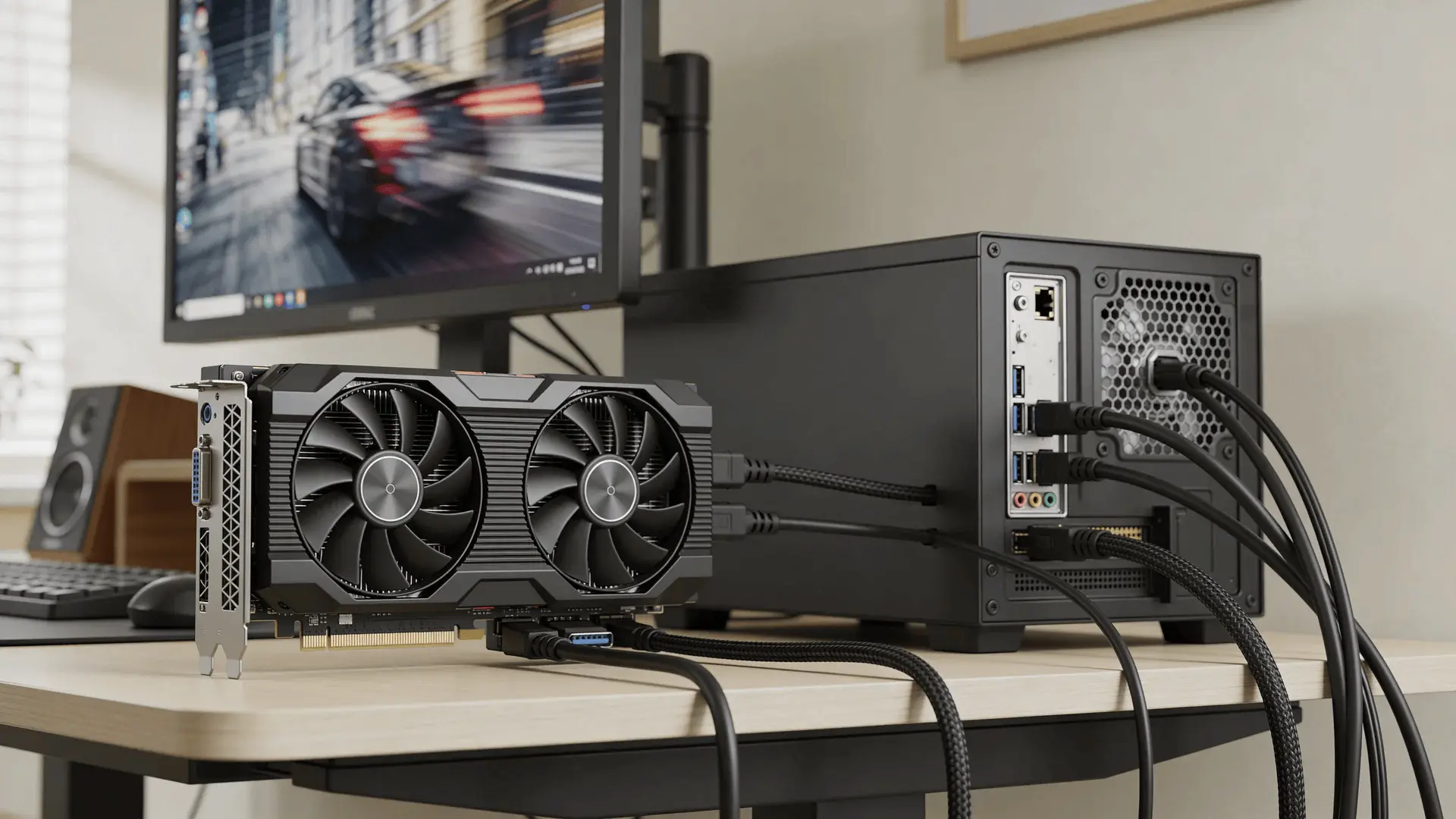 Desktop computer with visible GPU running video rendering on a home office desk