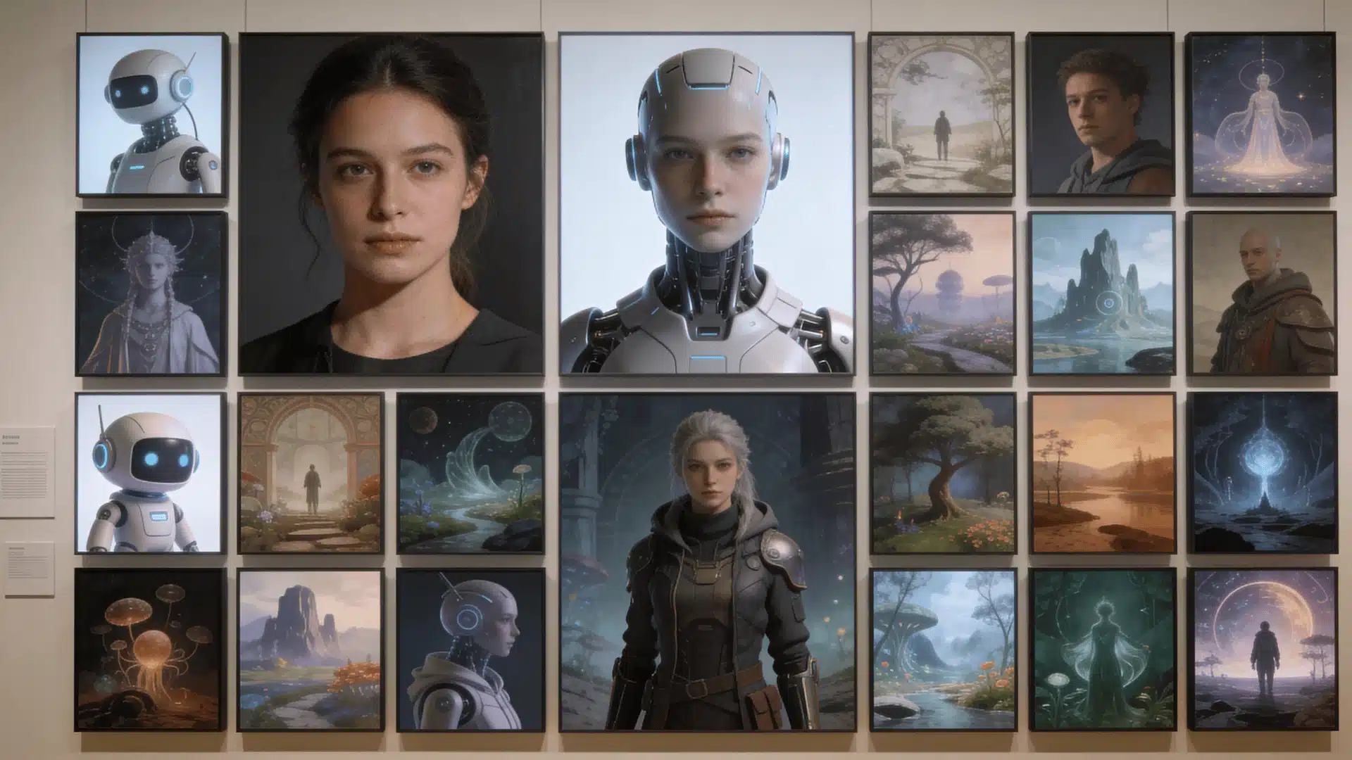 Gallery grid showing diverse AI-generated artworks including portrait, 3D character, and landscape.