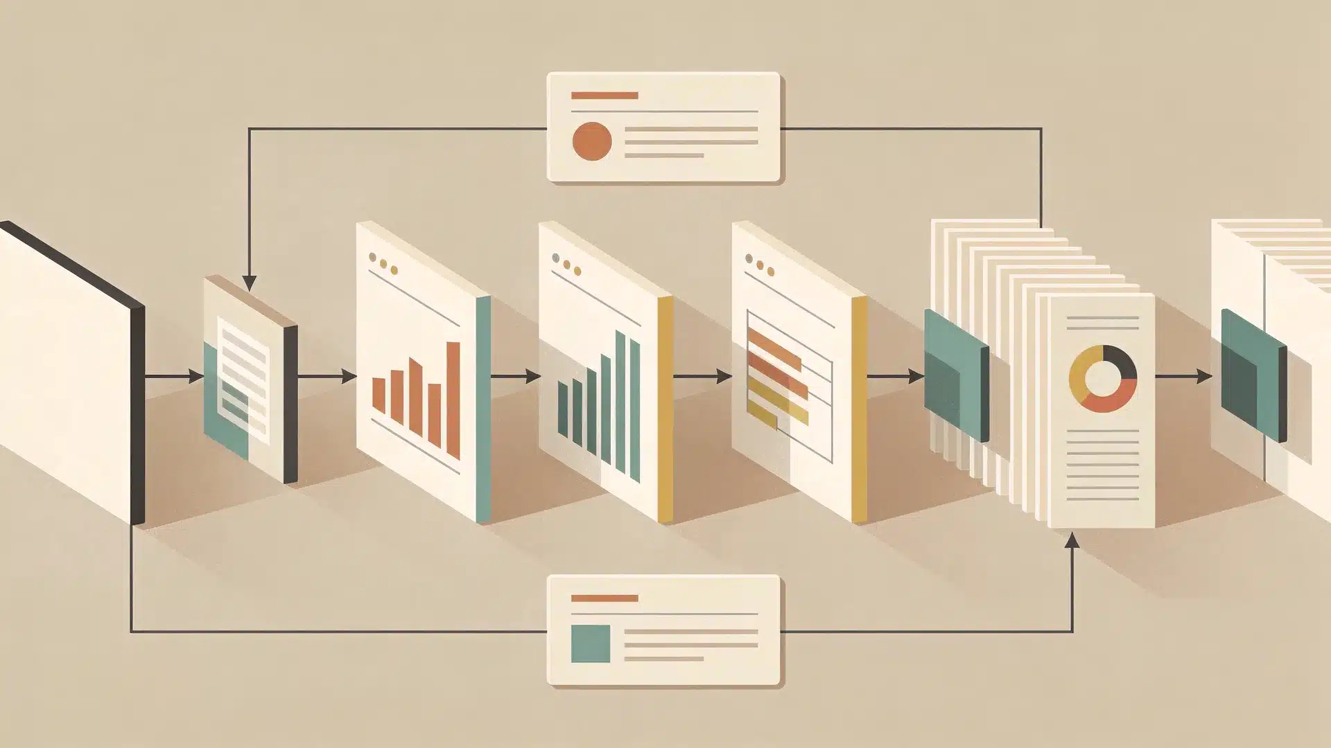Illustrated flow showing research data being organized into simplified information layers for explanation