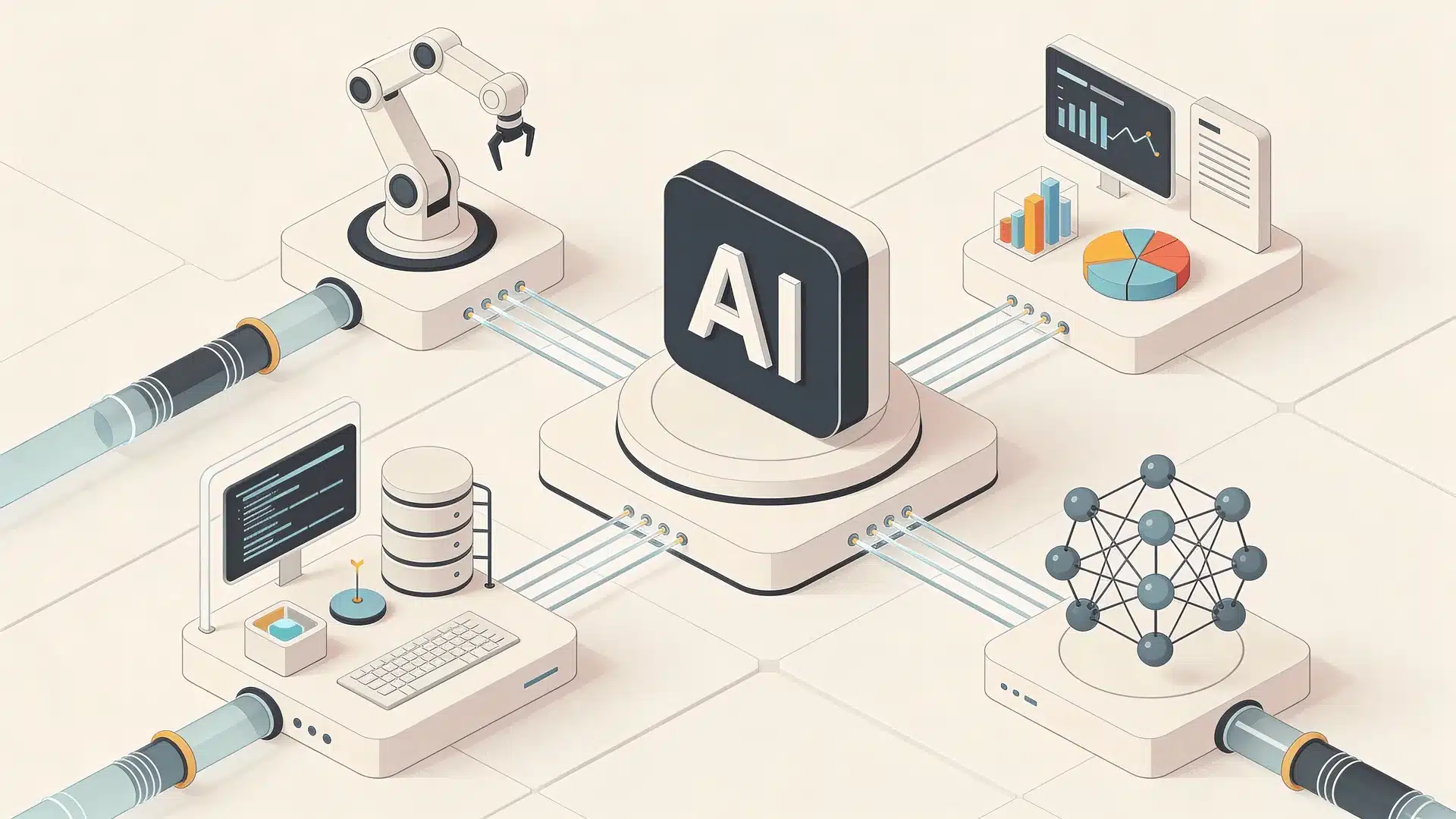 Illustration of connected AI components including automation systems and machine learning processes within a digital network