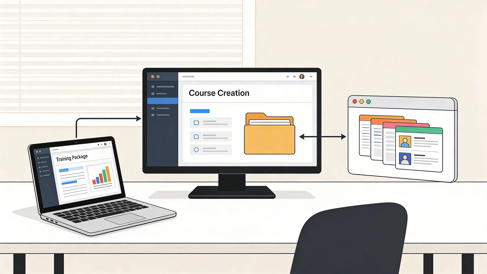 Illustration showing course creation software exporting training content to a learning management system