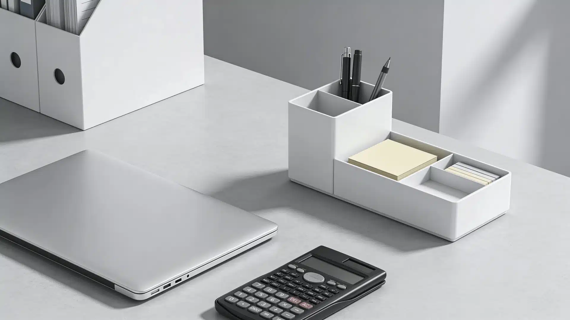 Laptop and calculator arranged neatly on a minimal office desk