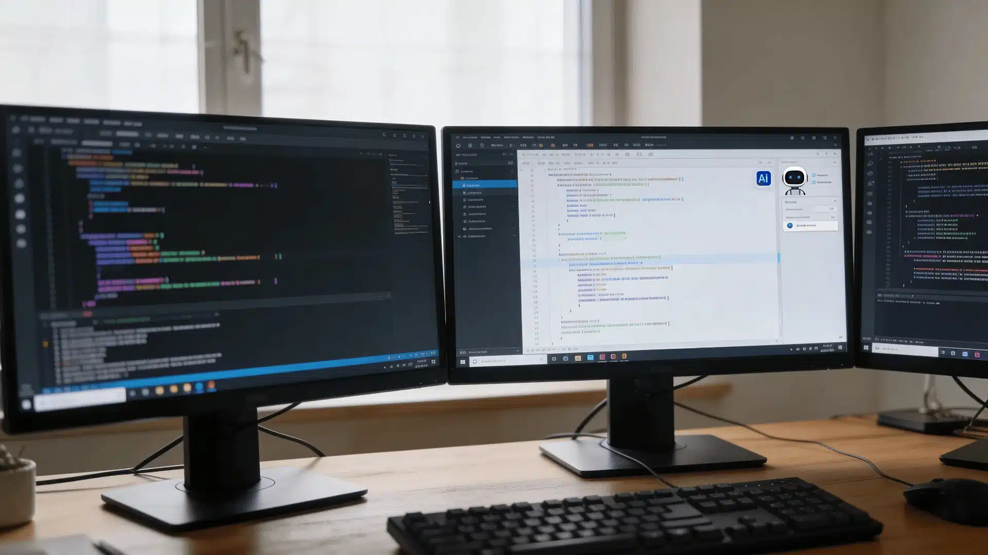 Laptop and monitor displaying a code editor and development tools on a minimalist desk