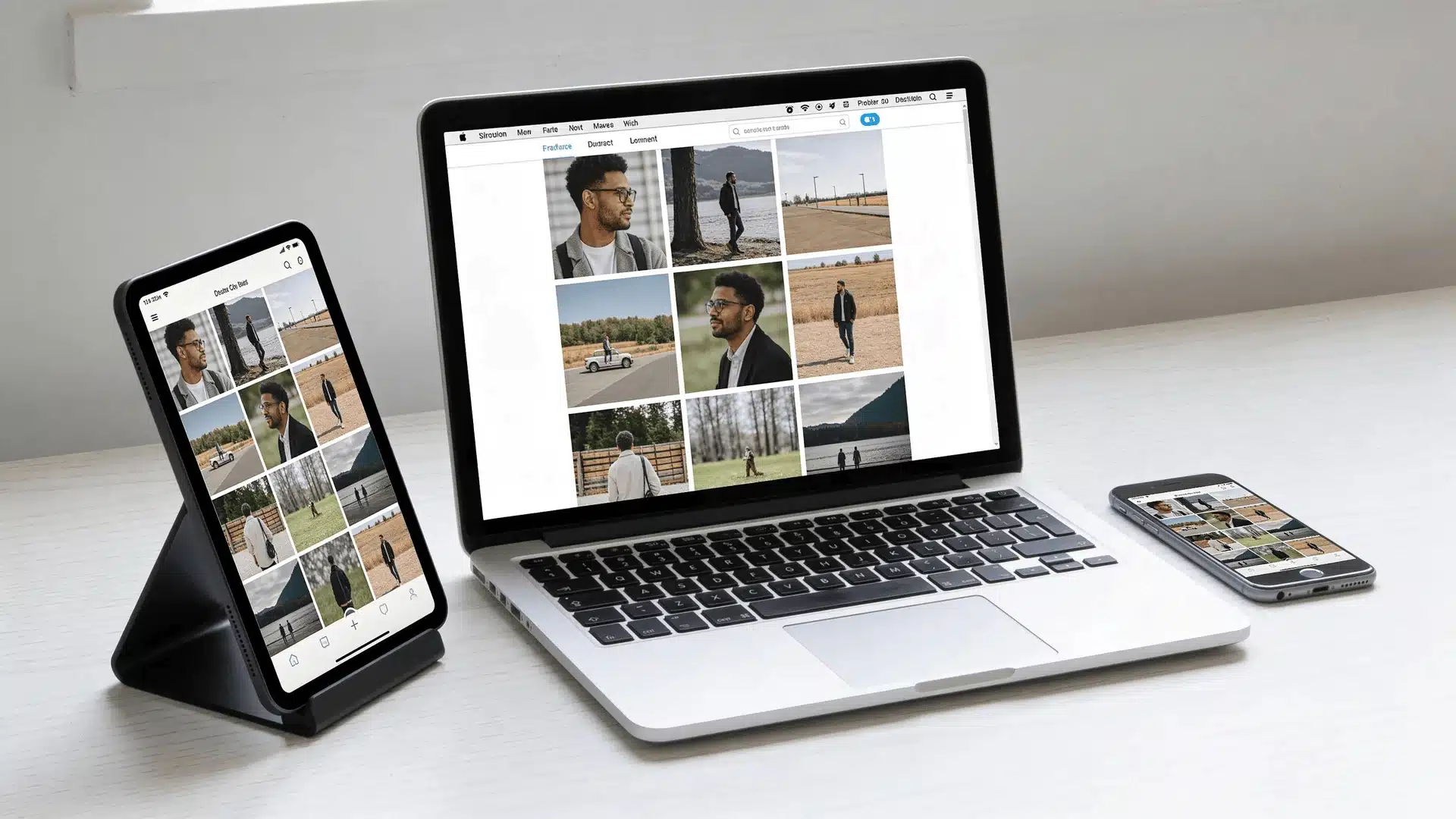Laptop centered on desk with tablet on stand and smartphone beside it, all showing photo grids.