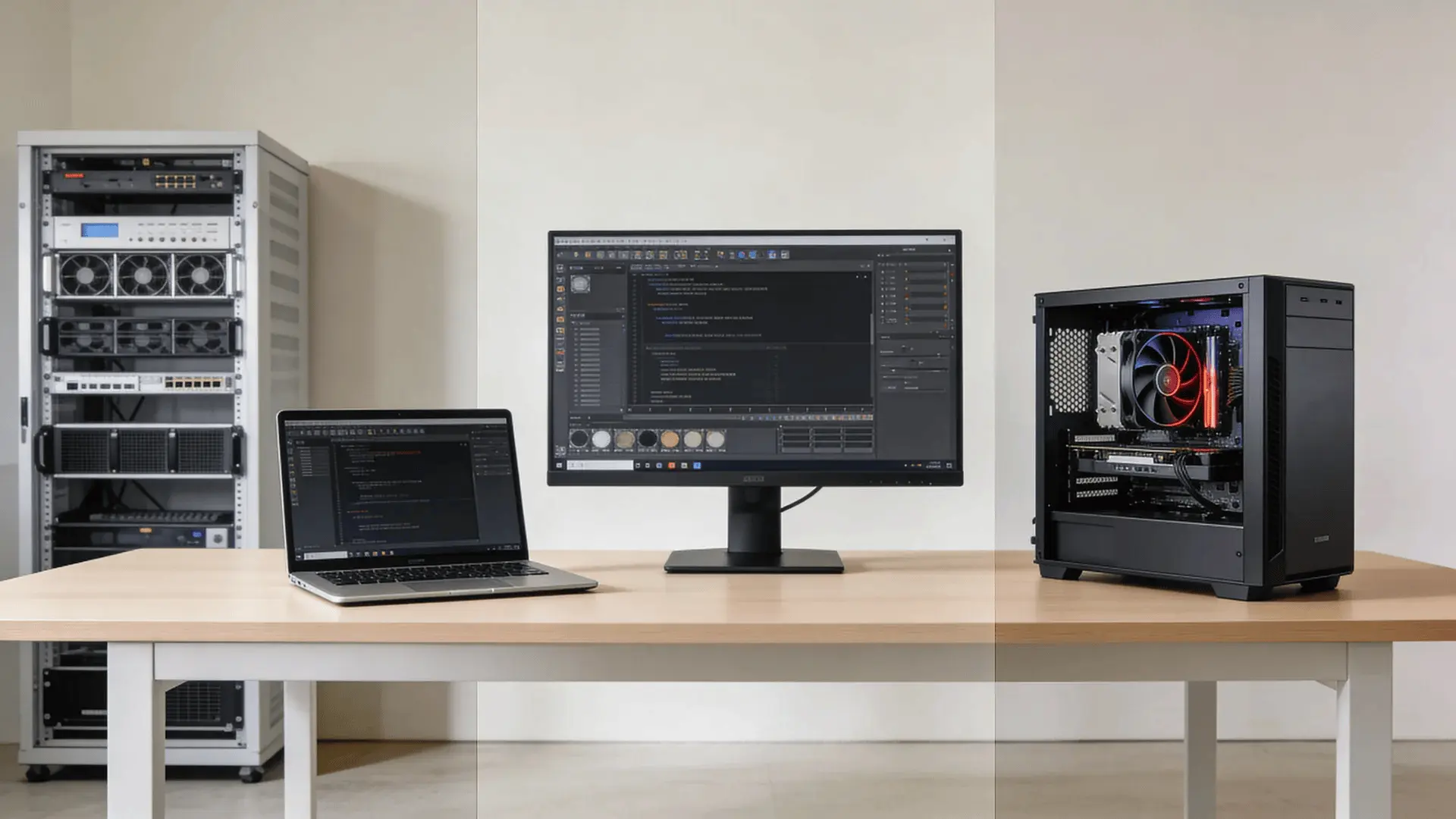 Laptop, desktop workstation, and server rack representing different AI video setups