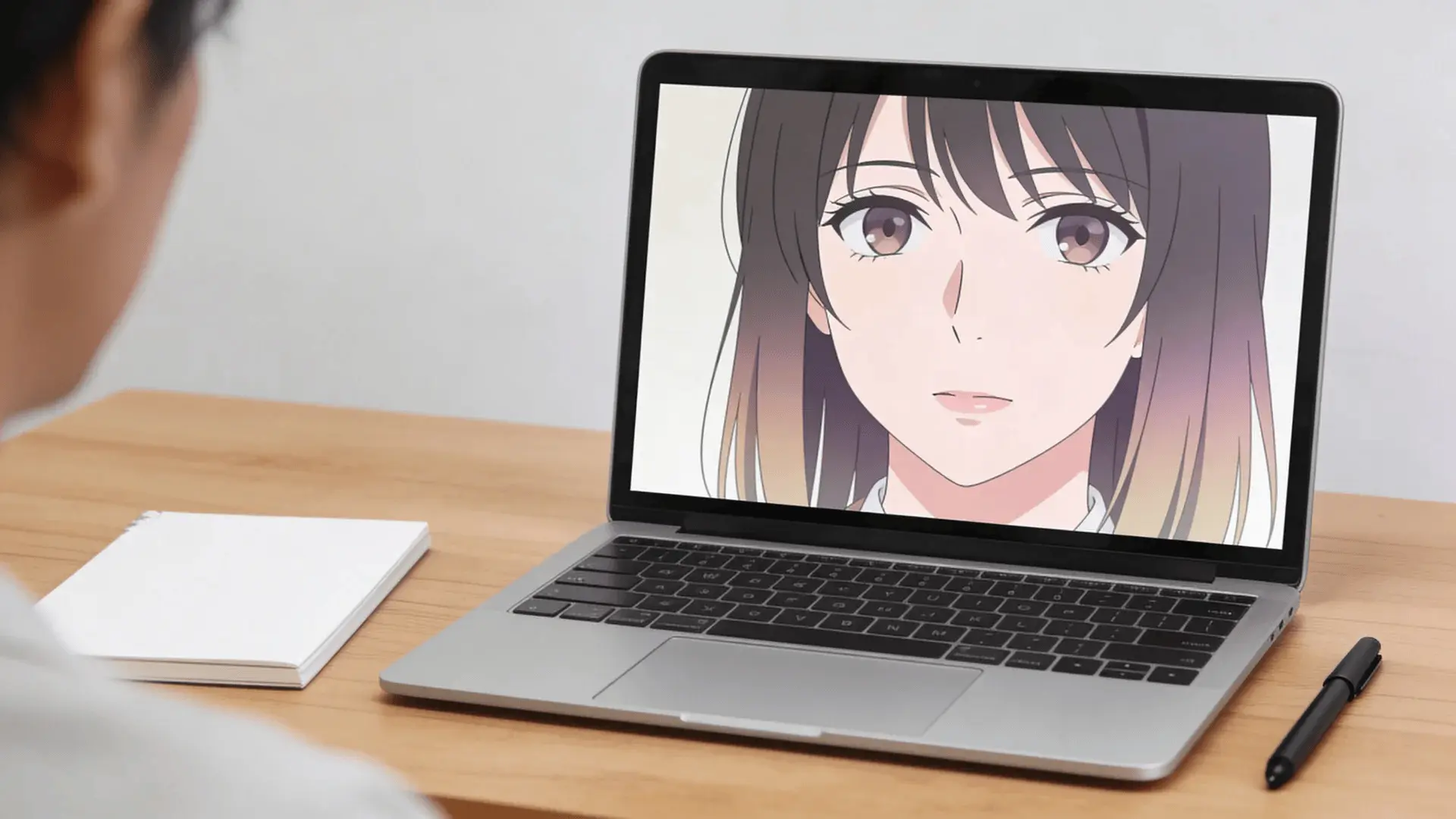 Laptop on desk displaying generated anime face image on screen