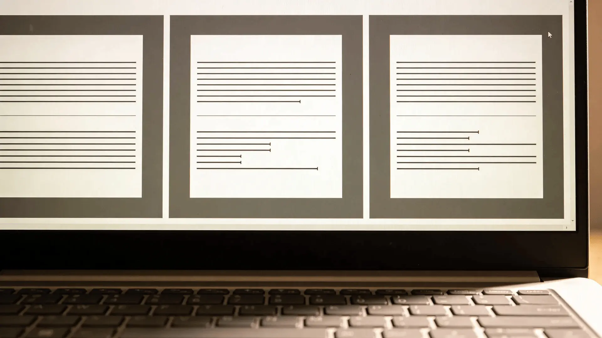 Laptop screen showing rows of horizontal lines with varied spacing representing edited text in a document