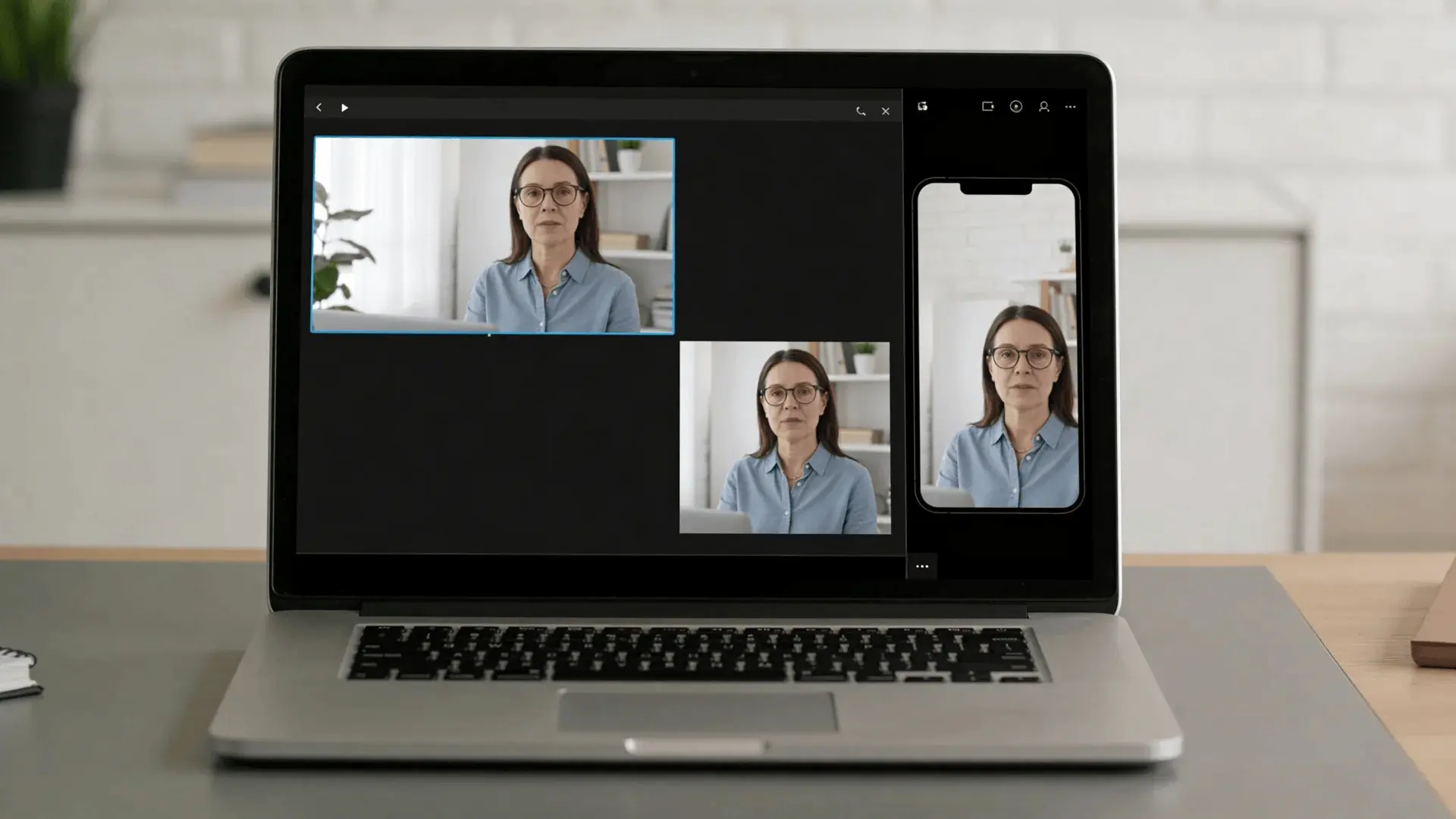 Laptop screen showing the same video displayed in widescreen, square, and vertical formats for aspect ratio comparison
