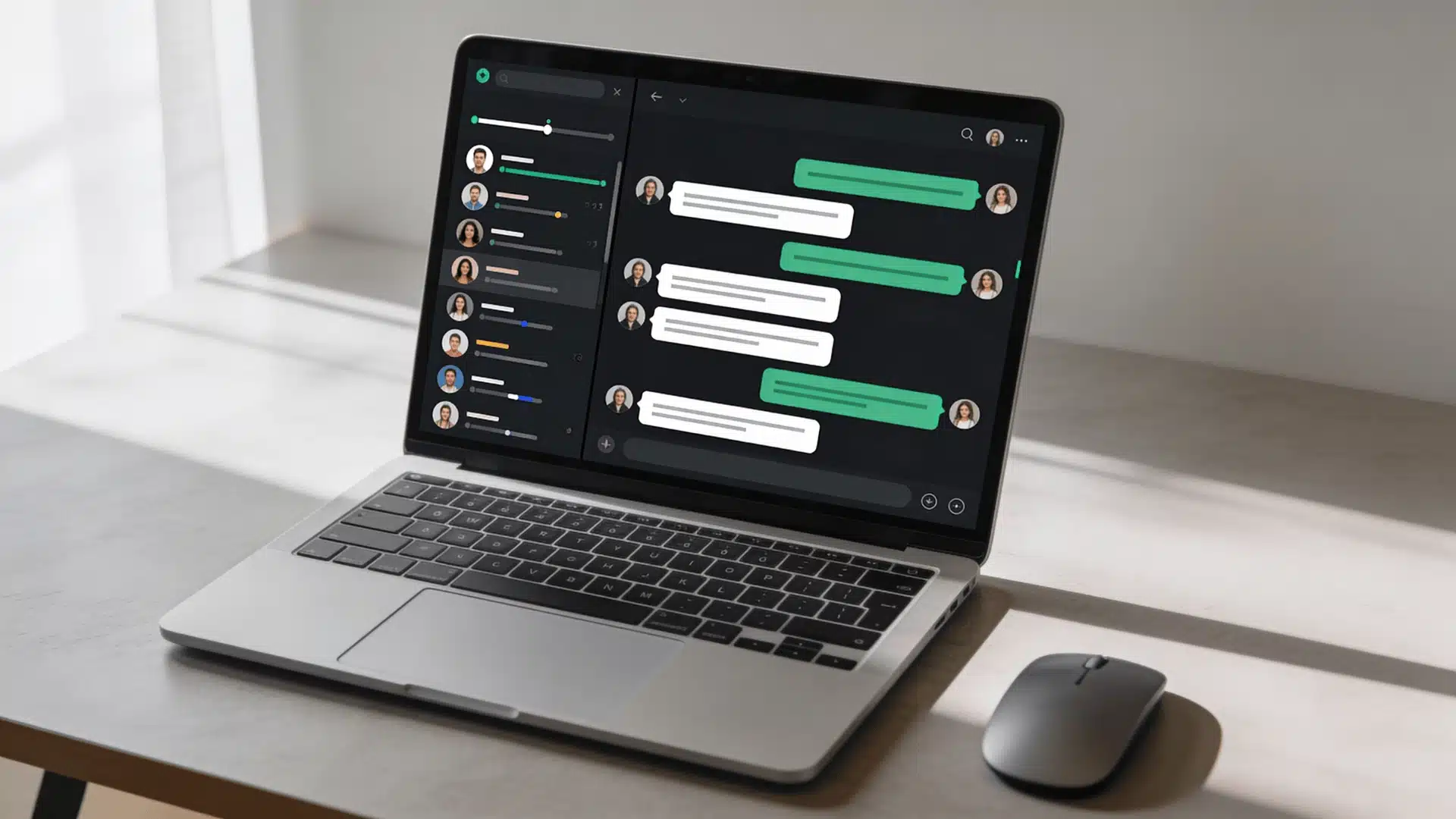 Laptop screen showing two realistic chat interfaces with text represented as horizontal lines