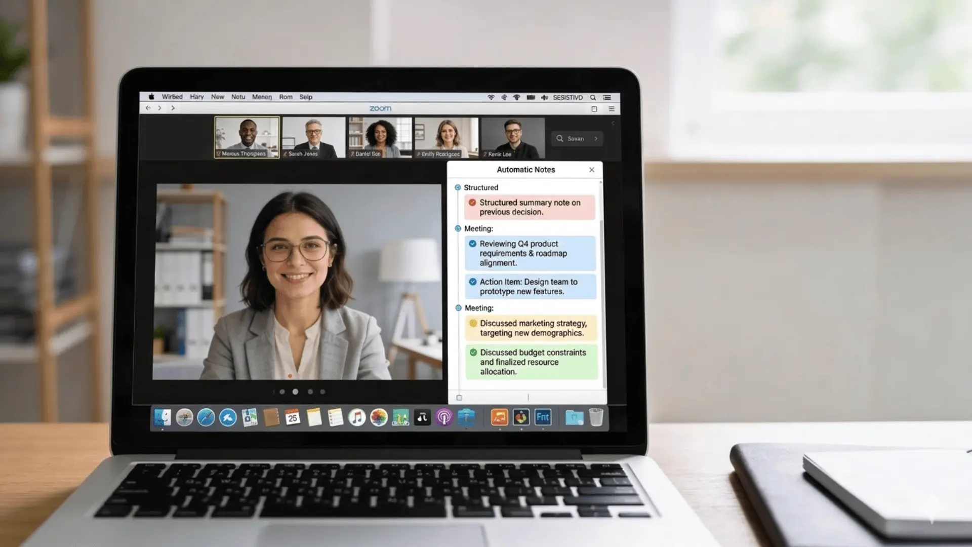 Laptop screen showing video meeting with automatic notes panel listing summary points and tasks