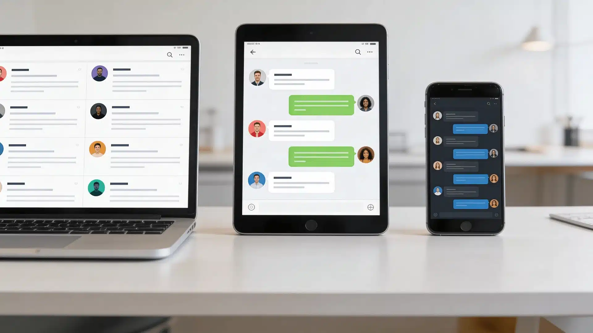 Laptop, tablet, and smartphone showing different roleplay chat layouts with text as lines