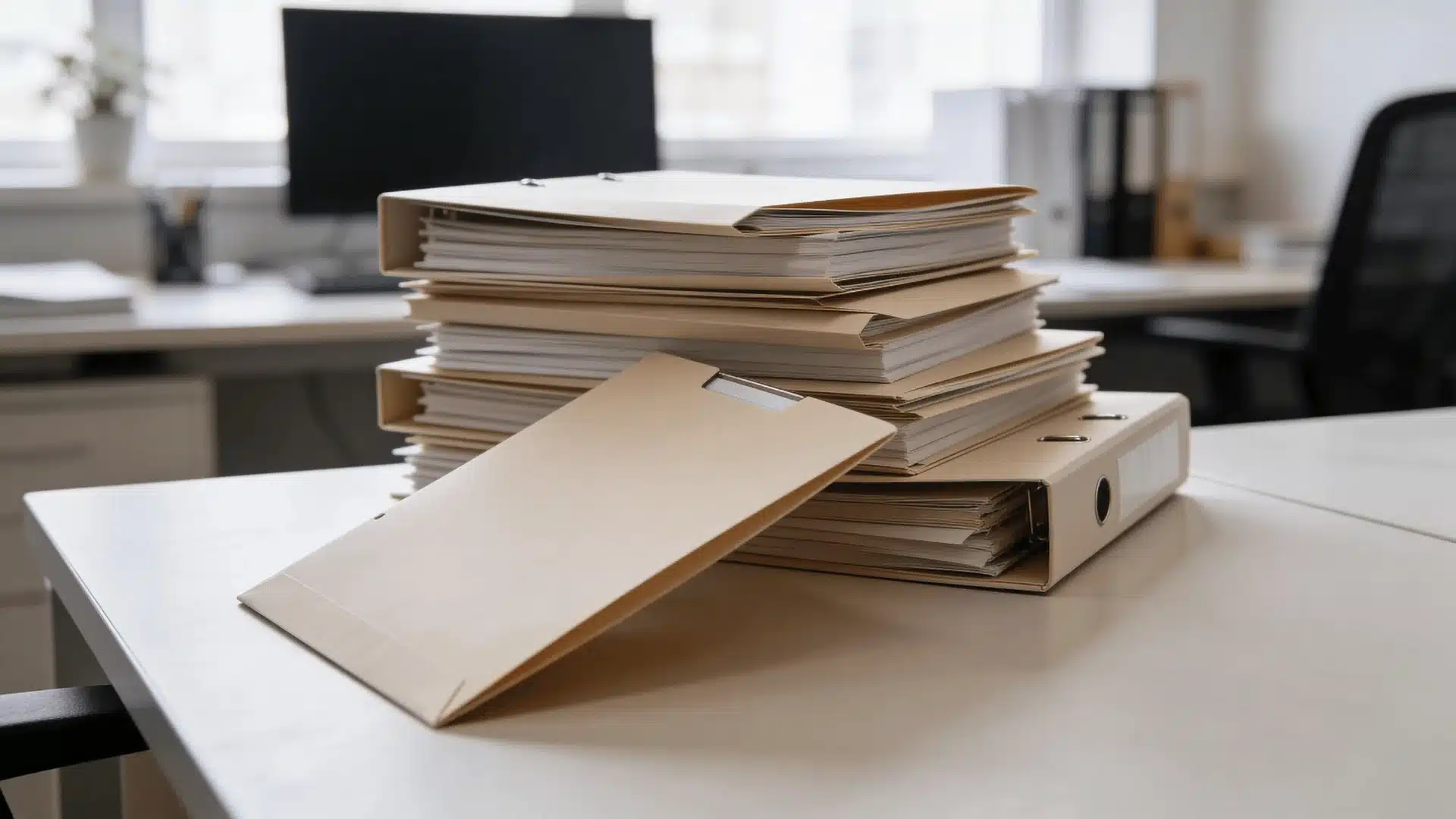 One folder separated from a stack of folders on a desk
