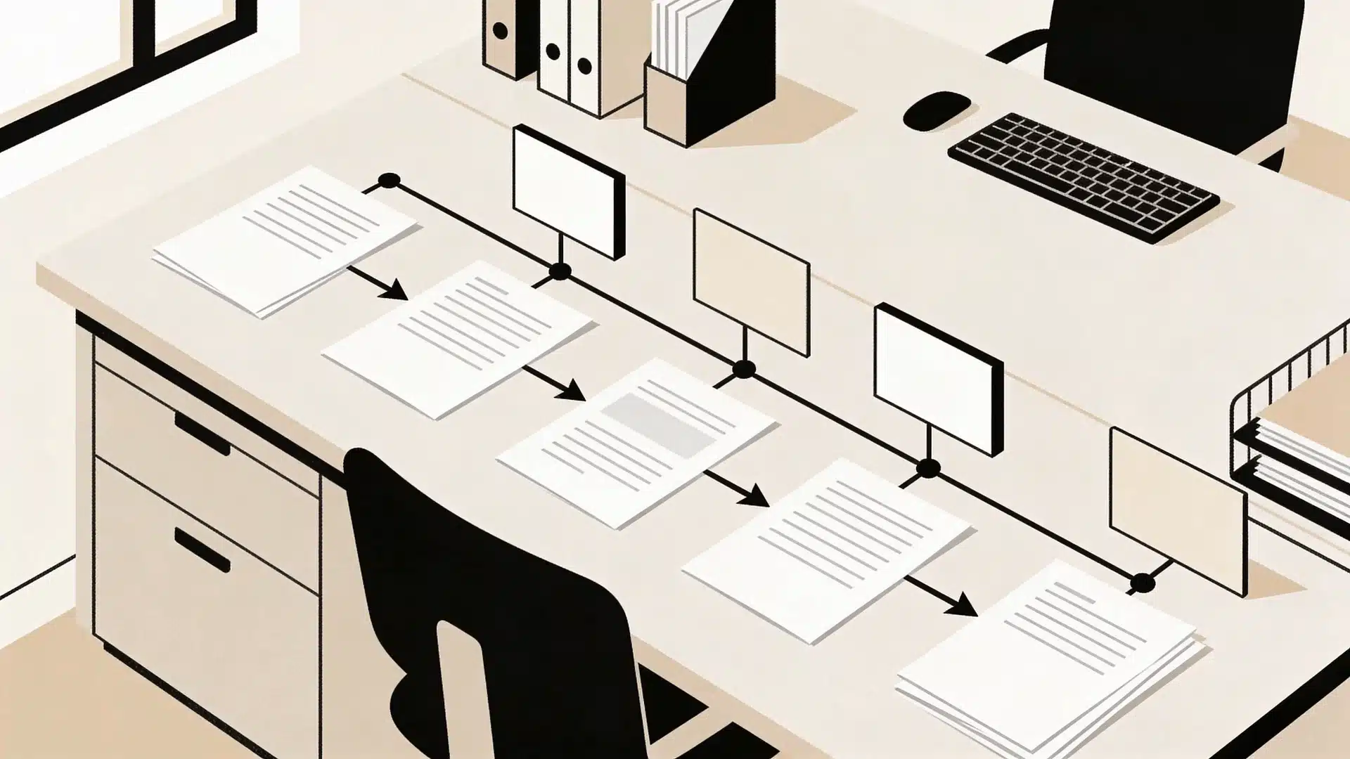Papers arranged in a connected sequence across a desk