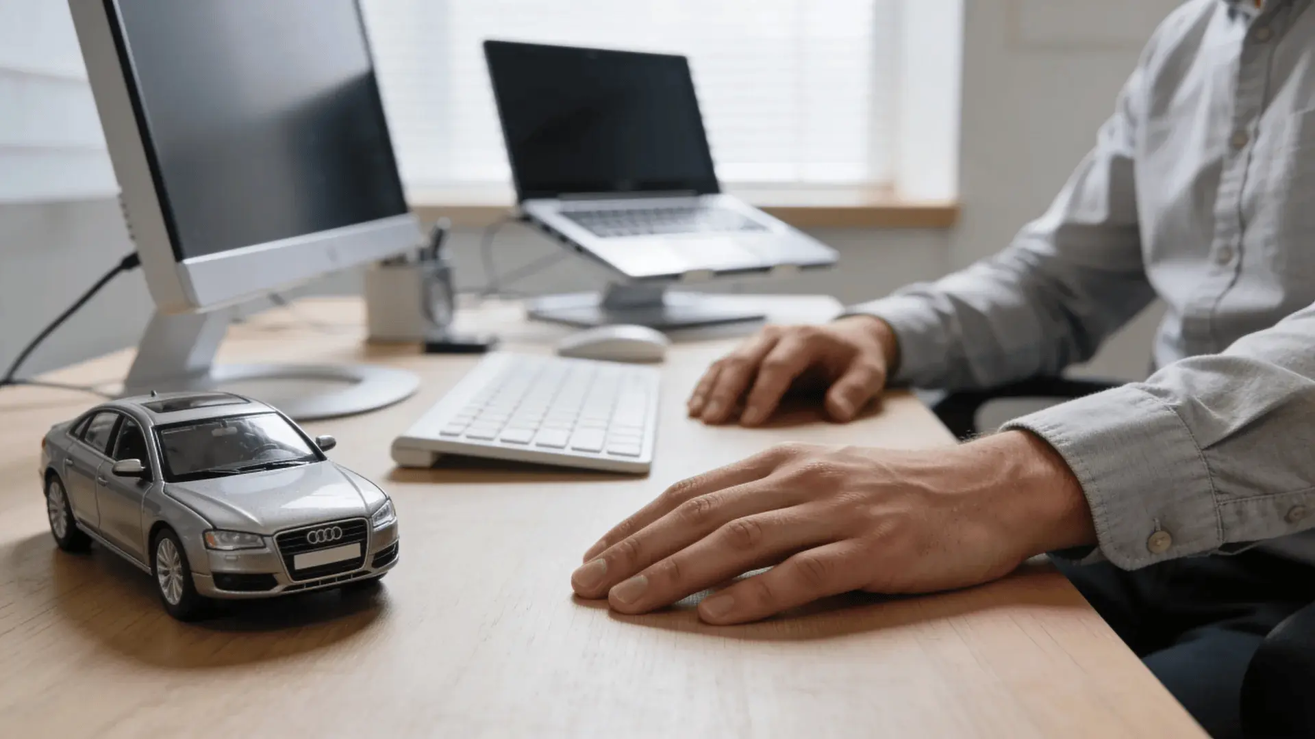 Person at an office desk with a small car model and computer equipment
