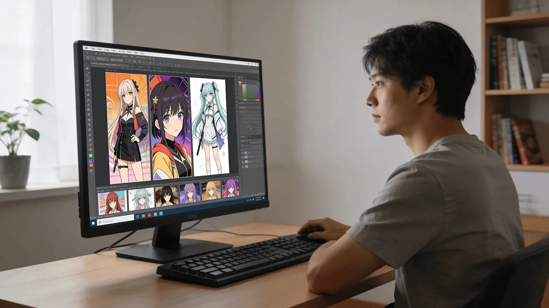 Person at computer reviewing generated anime artwork on a monitor