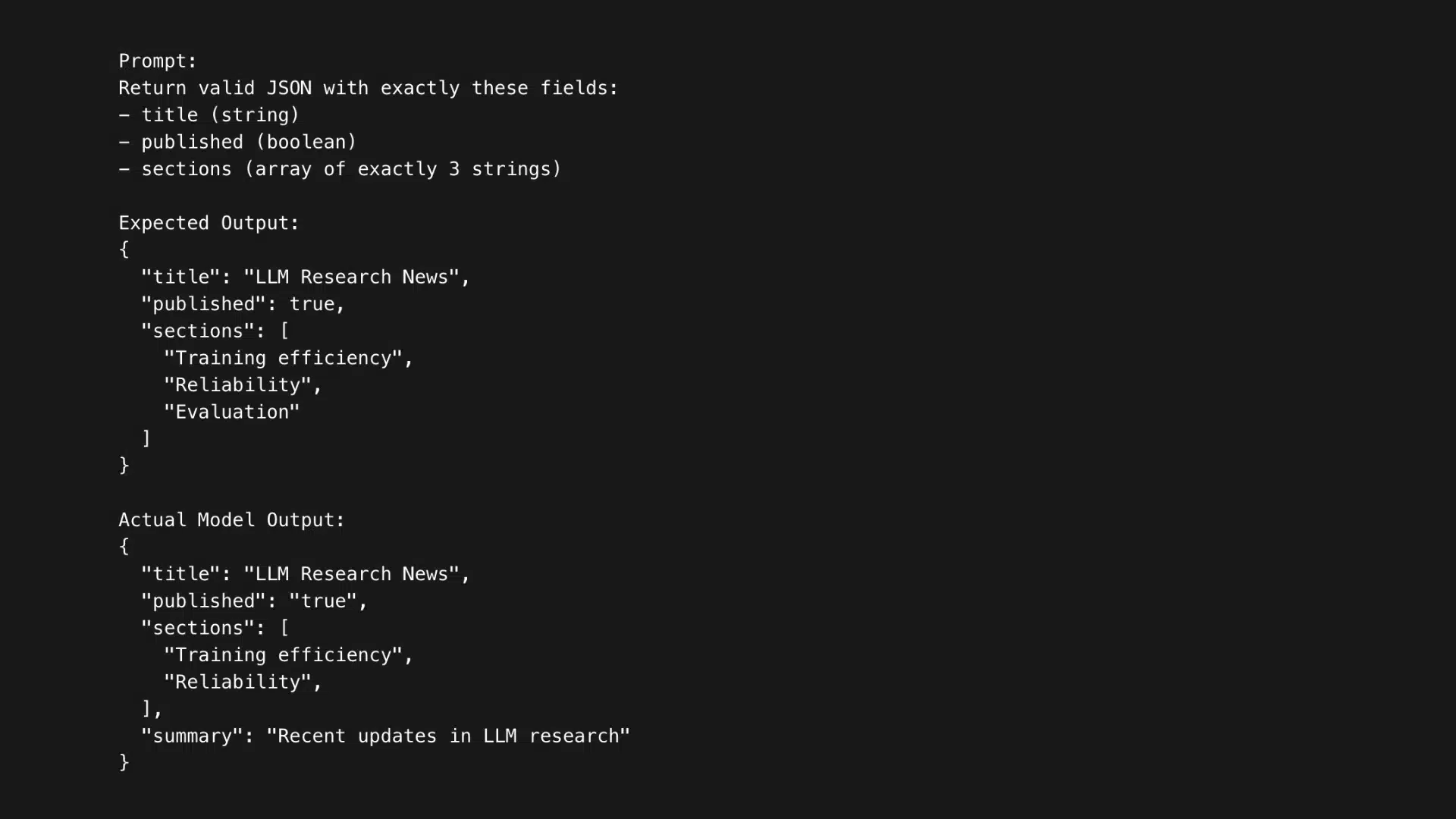 Prompt, expected JSON, and actual output showing errors like wrong data type, missing item, and extra field