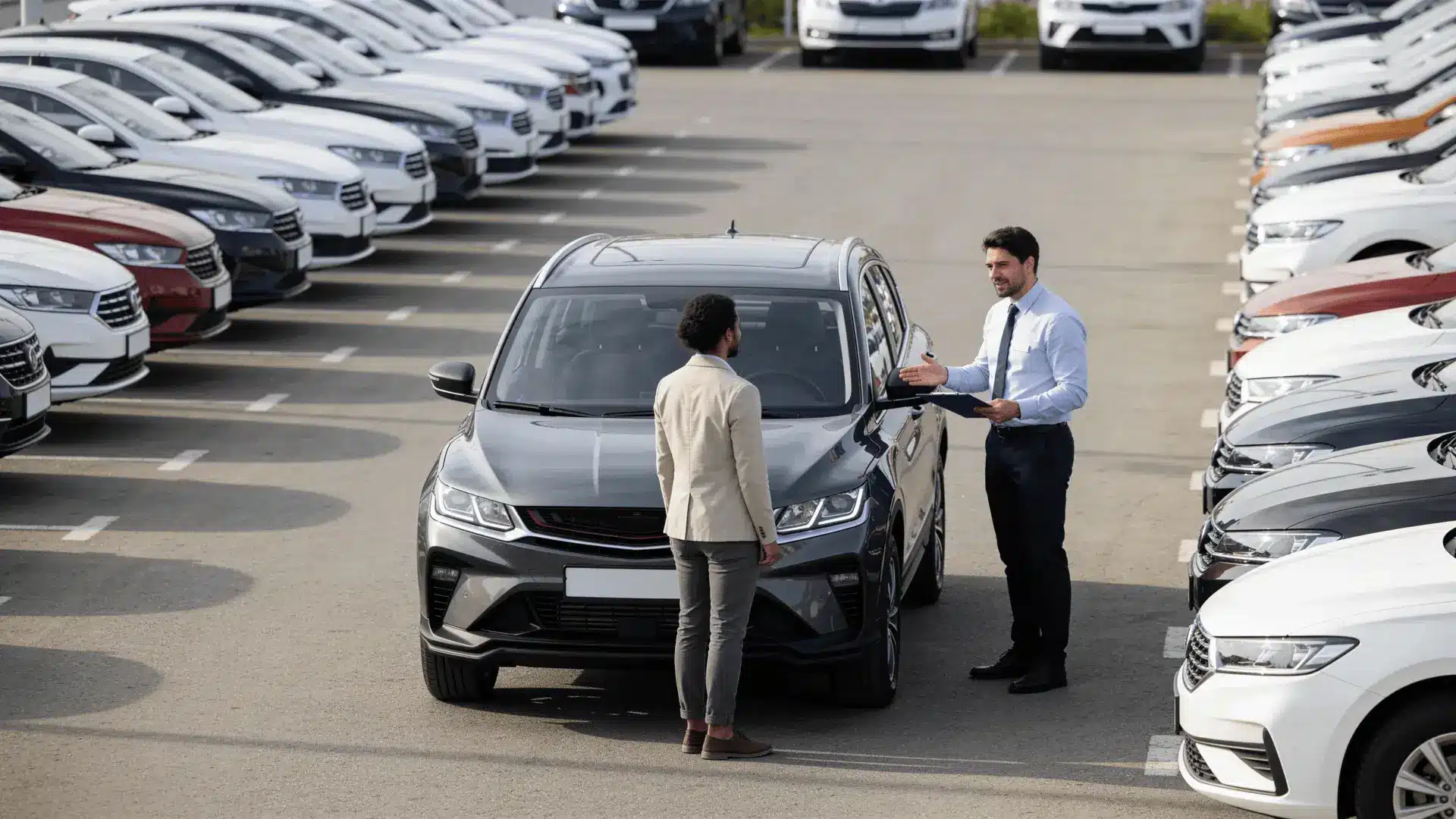 Salesperson showing a car to a customer in a dealership lot with multiple vehicles