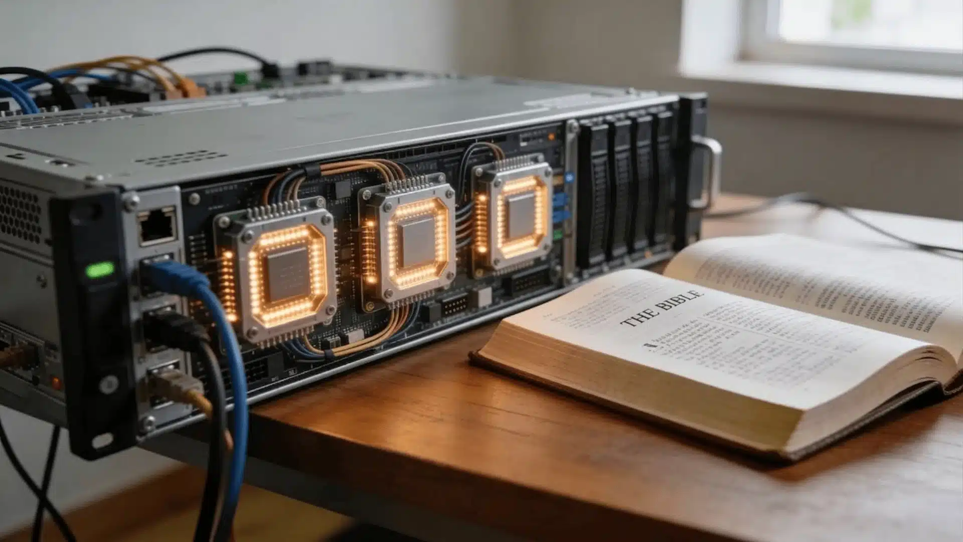 Server hardware beside an open Bible on a wooden desk in a softly lit study room.