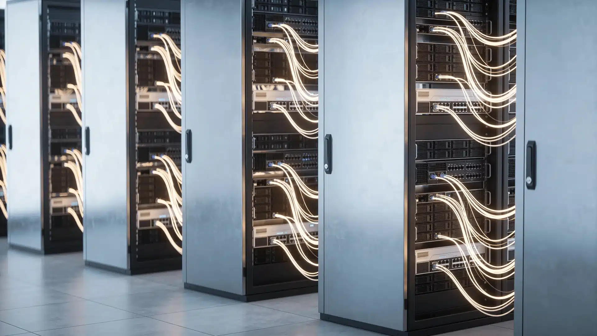 Server racks connected with data streams inside a data center environment
