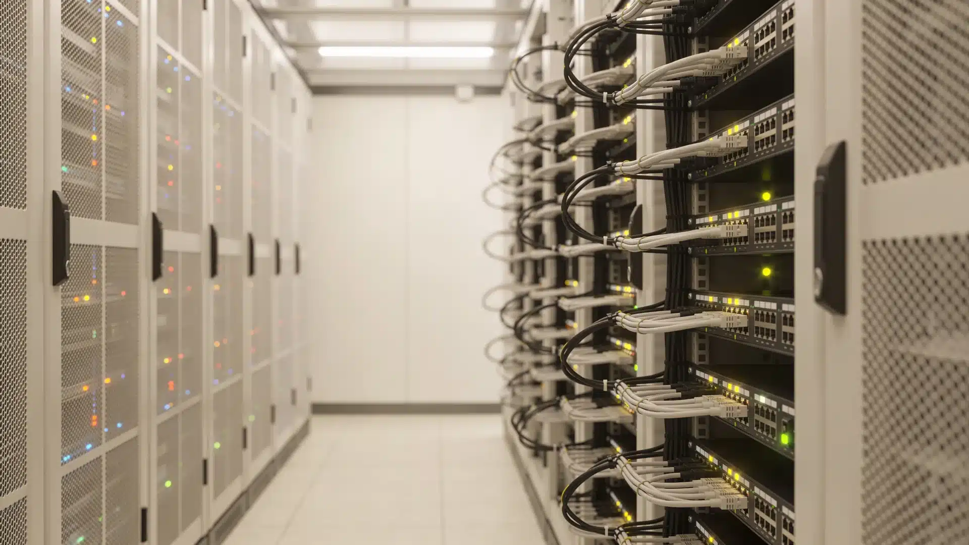 Server racks with cables and lights in a data center environment