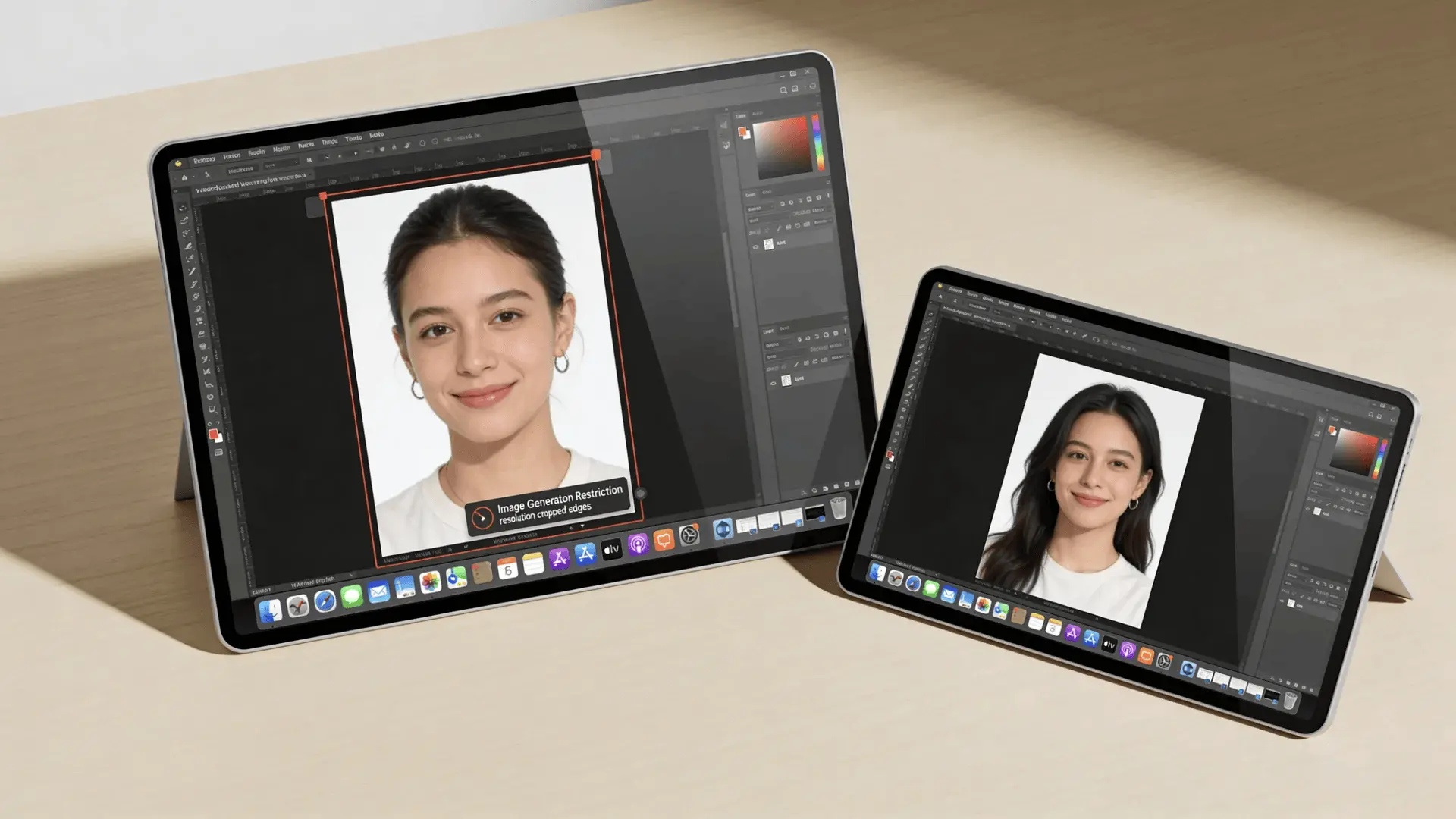 Side-by-side screens comparing an image generator with visible filters and one with fewer restrictions on a plain desk surface