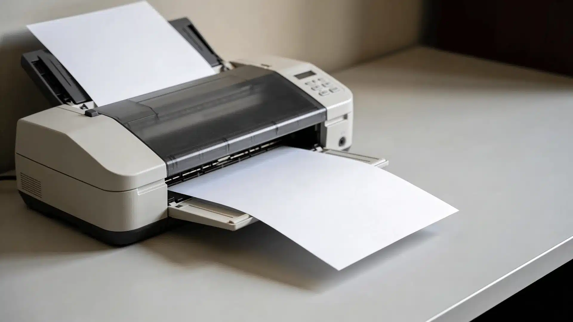 Single sheet entering a document scanner on a clean desk