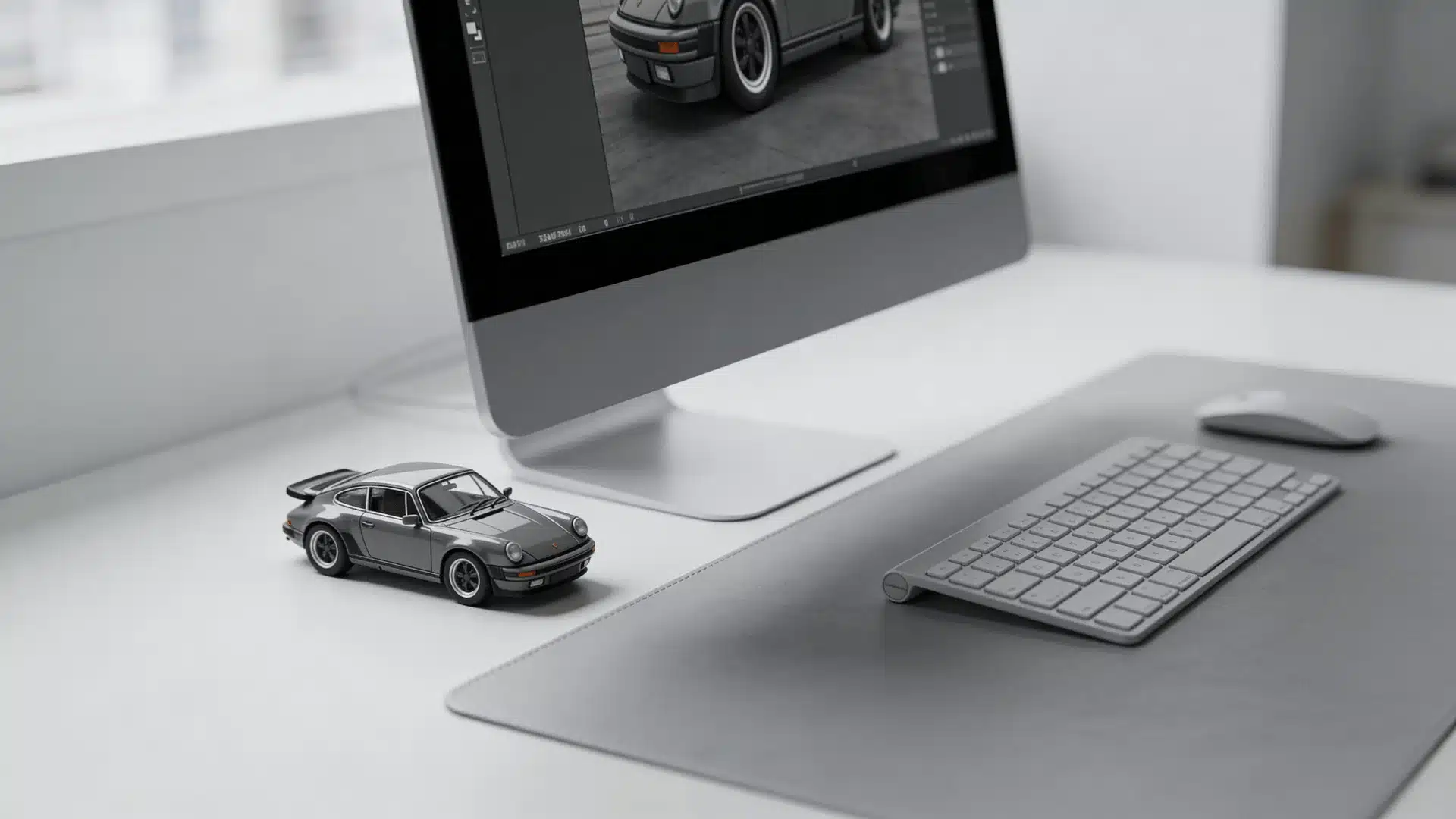 Small car model beside a computer workstation on an office desk