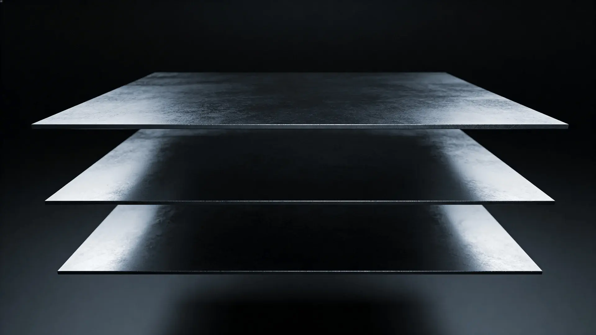 Three dark floating slabs stacked vertically representing model, platform, and hosting layers in an AI system