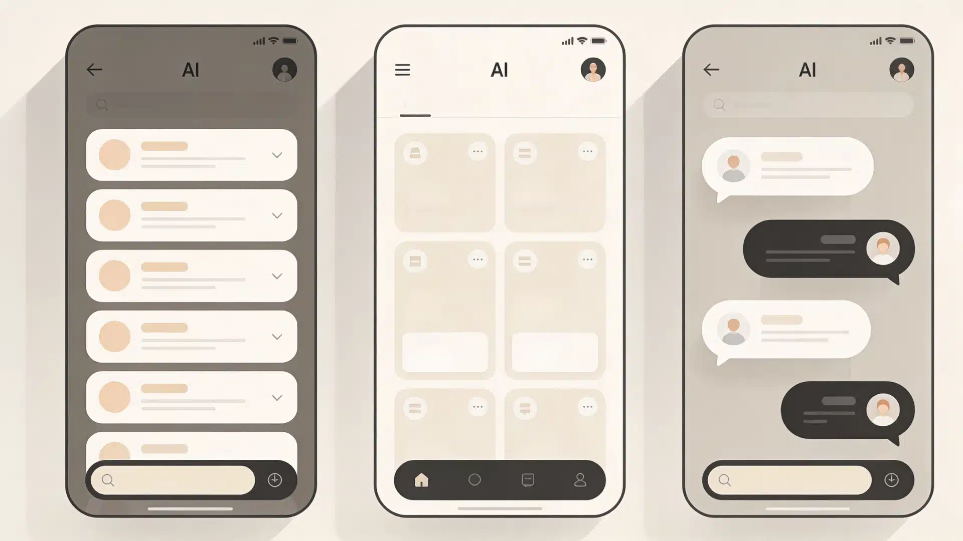 Three different AI chat interface layouts displayed side by side on a neutral background
