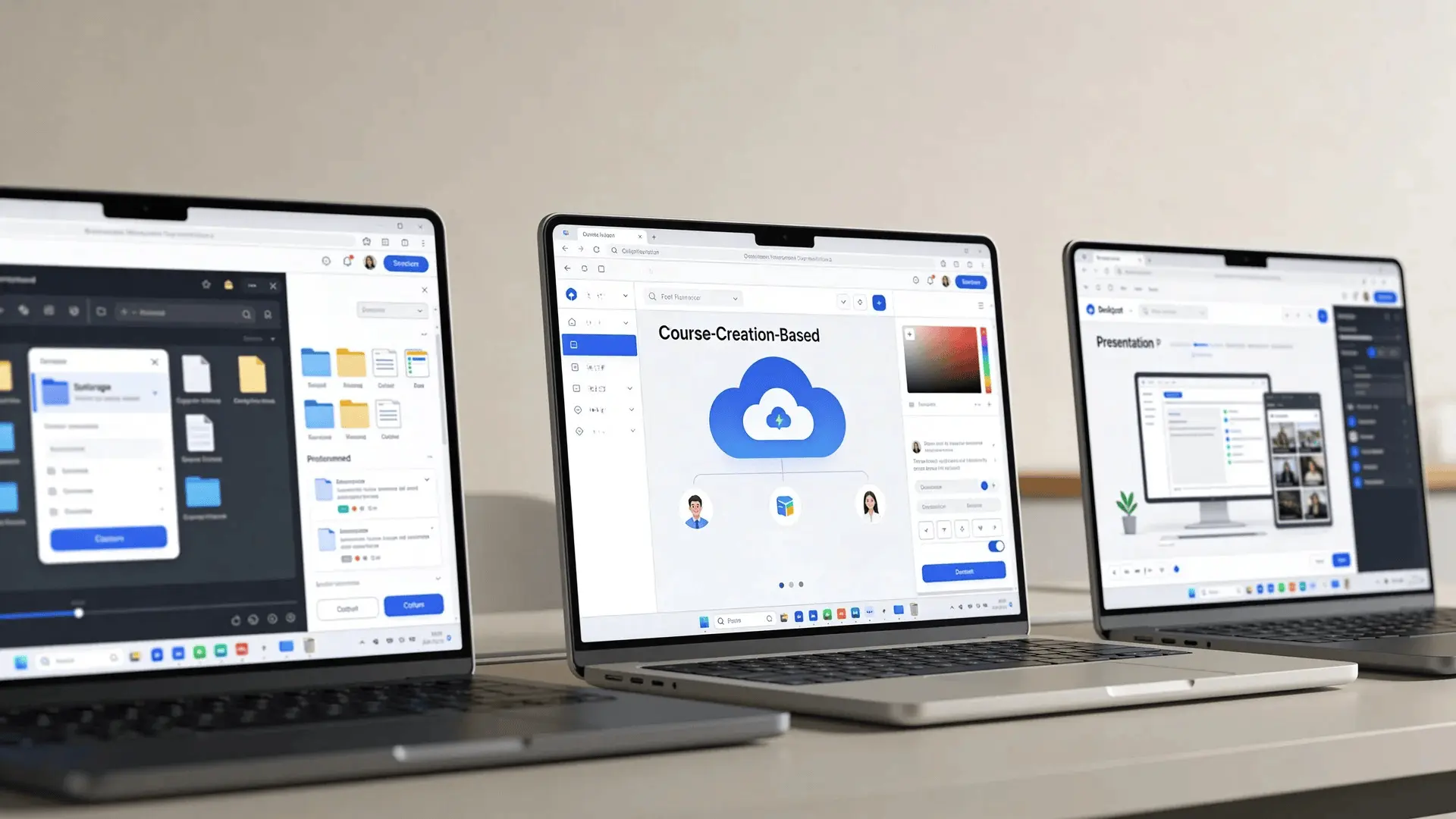 Three laptops displaying different course creation environments representing desktop, cloud, and presentation-based tools