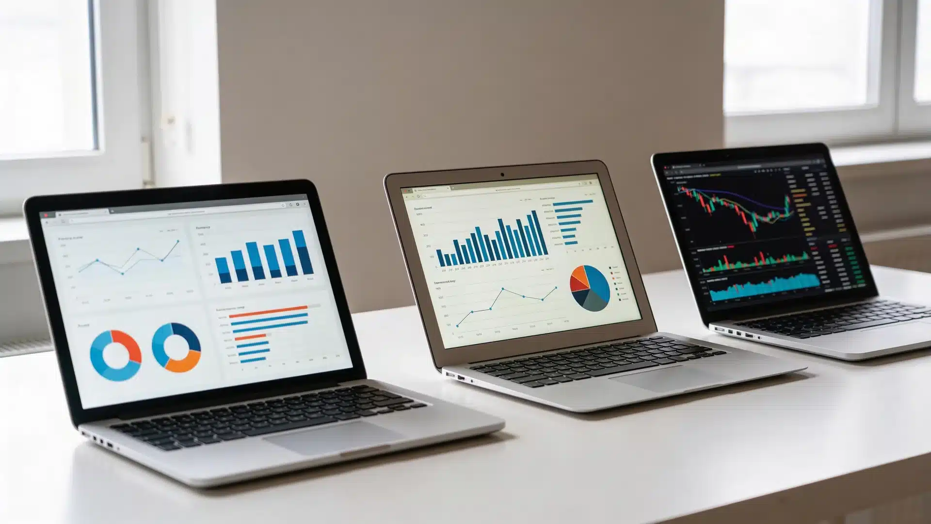 Three laptops displaying different trading charts and layouts