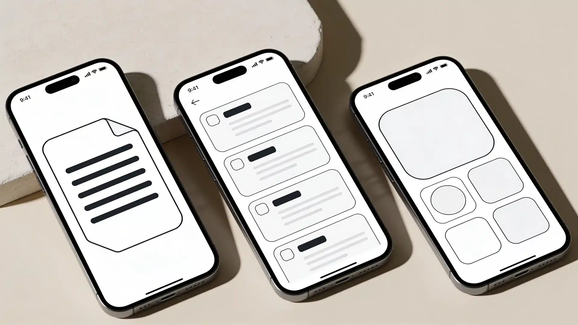 Three phones showing different types of content layouts without text