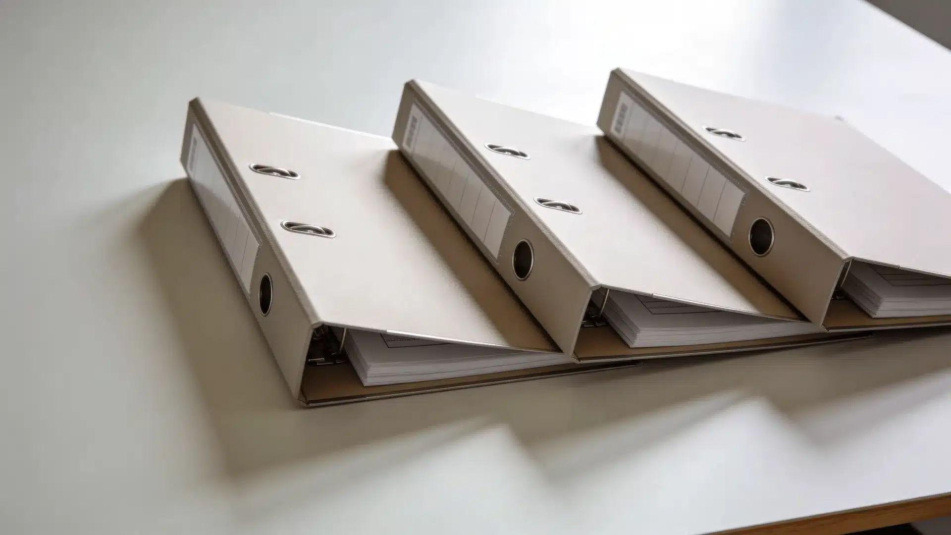 Three plain folders arranged in a row on a clean desk