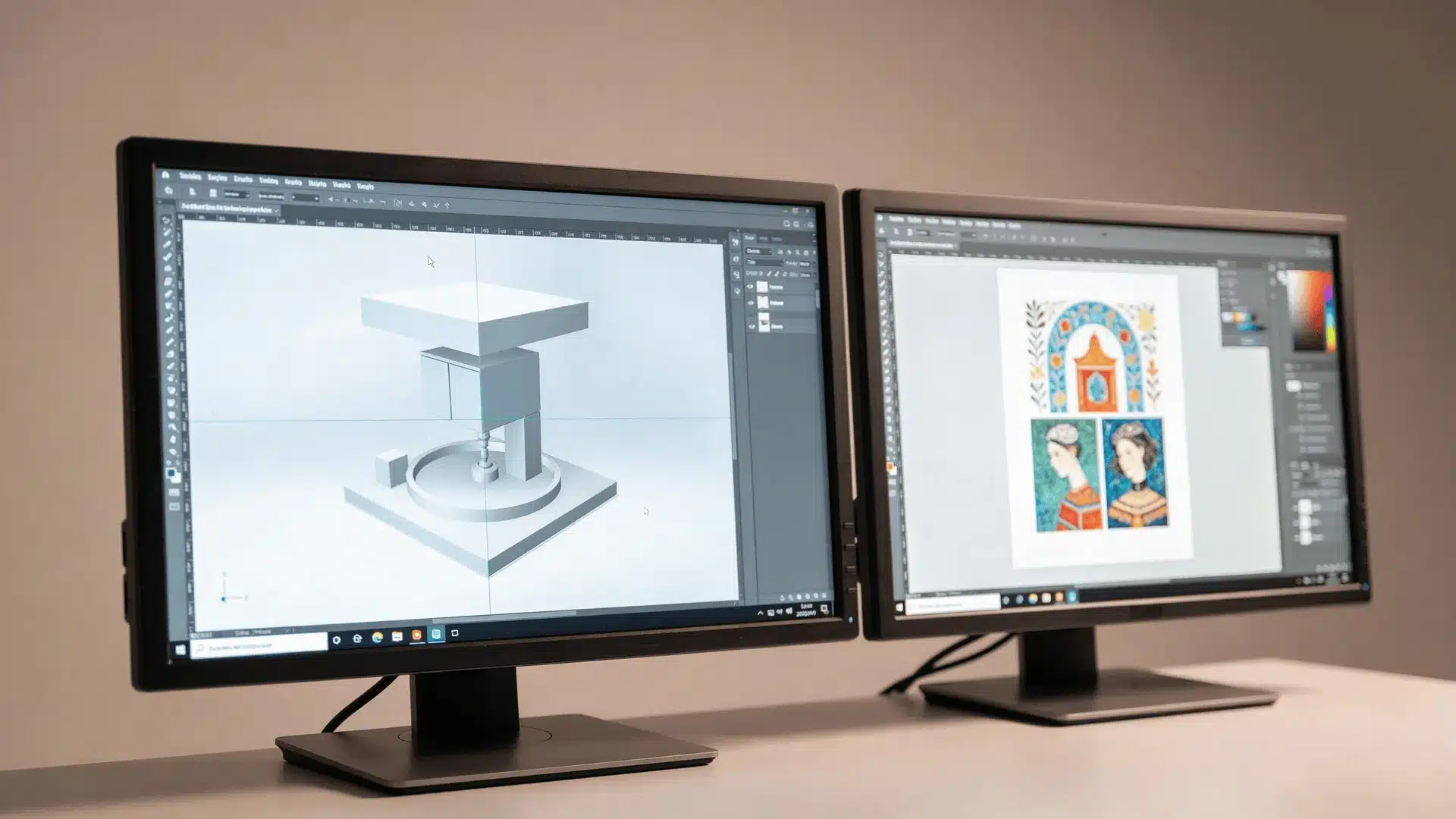 Two computer screens showing a 3D asset file and a generated digital artwork in a creative workspace